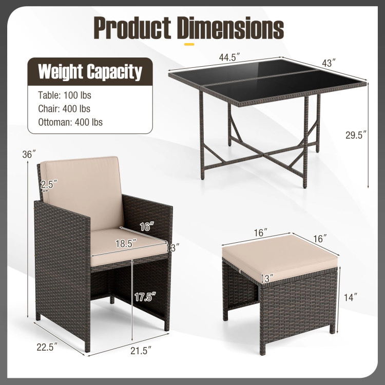 Hivvago 9 Piece Patio Dining Set With Tempered Glass Table And Ottoman