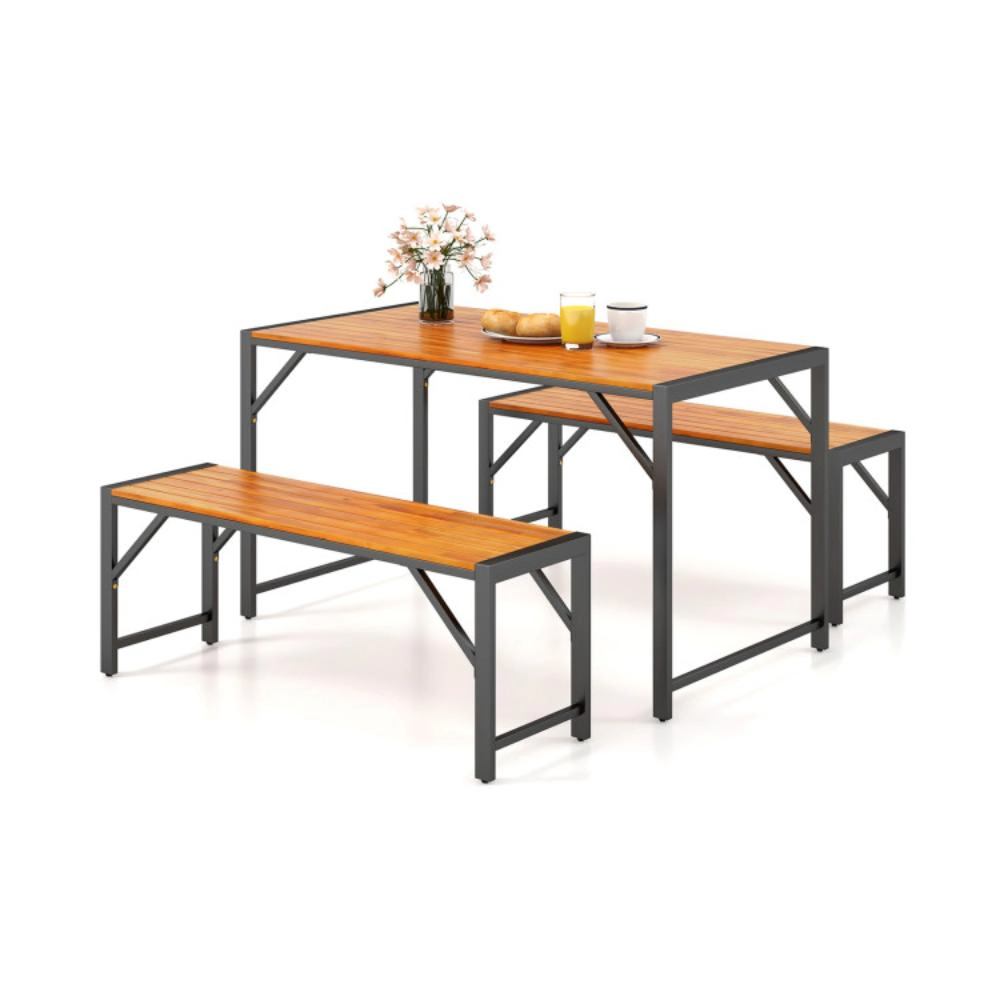 Hivvago 3 Pieces Patio Dining Set With Acacia Wood Dining Table And 2 Benches