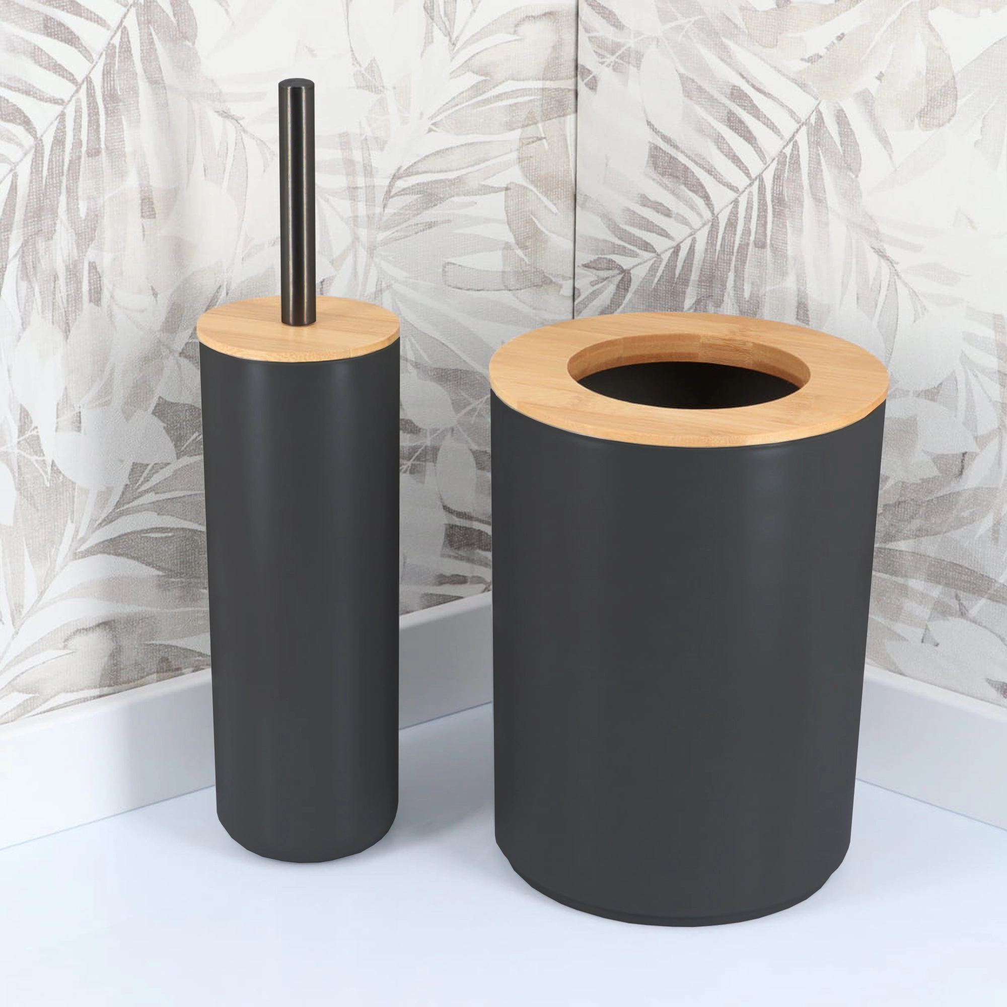 Evideco French Home Goods 5L Matte Polystyrene Trash Can with Bamboo Lid - Compact Bathroom Bin