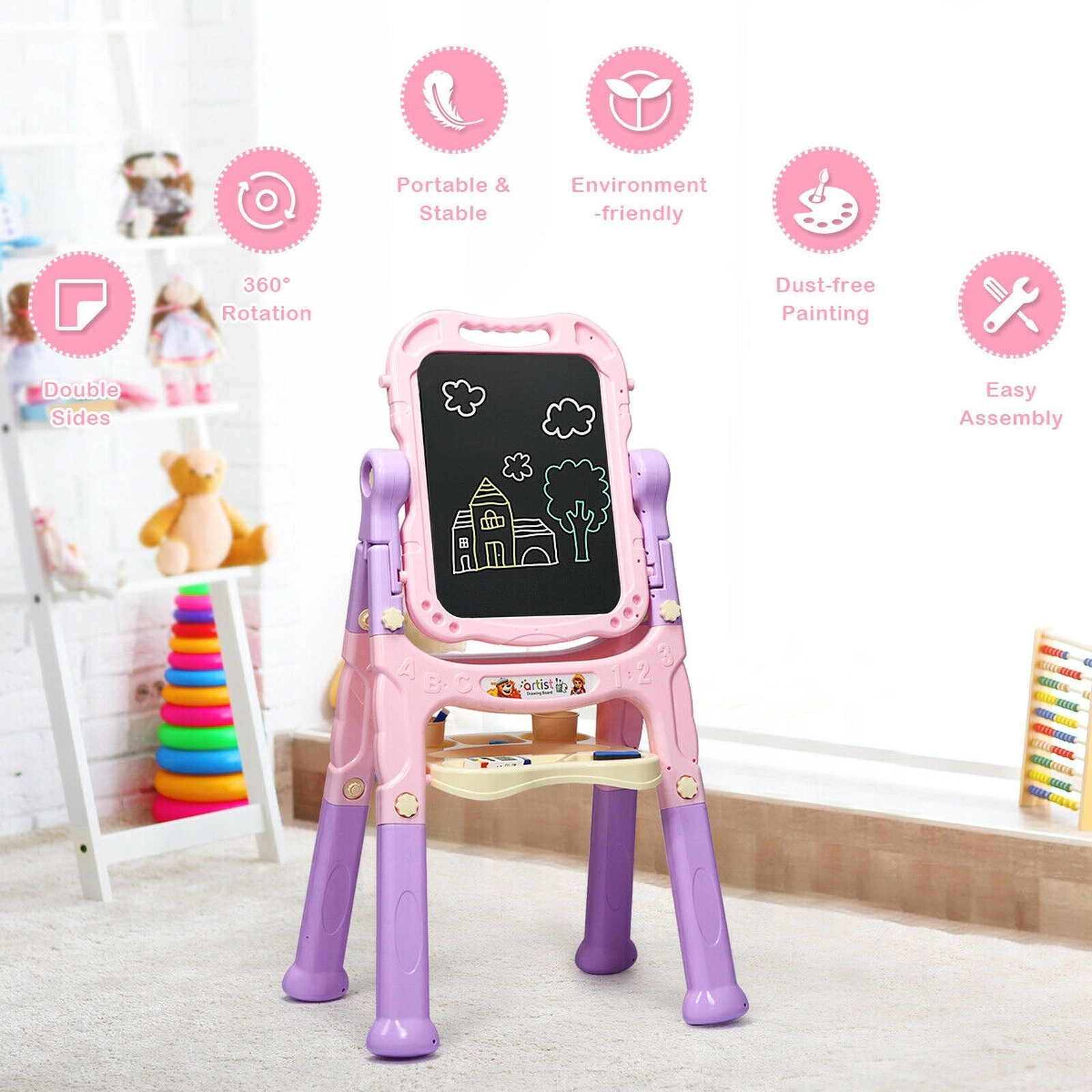 SUGIFT Pink Height Adjustable Kids Art Easel with Magnetic Double-Sided Board