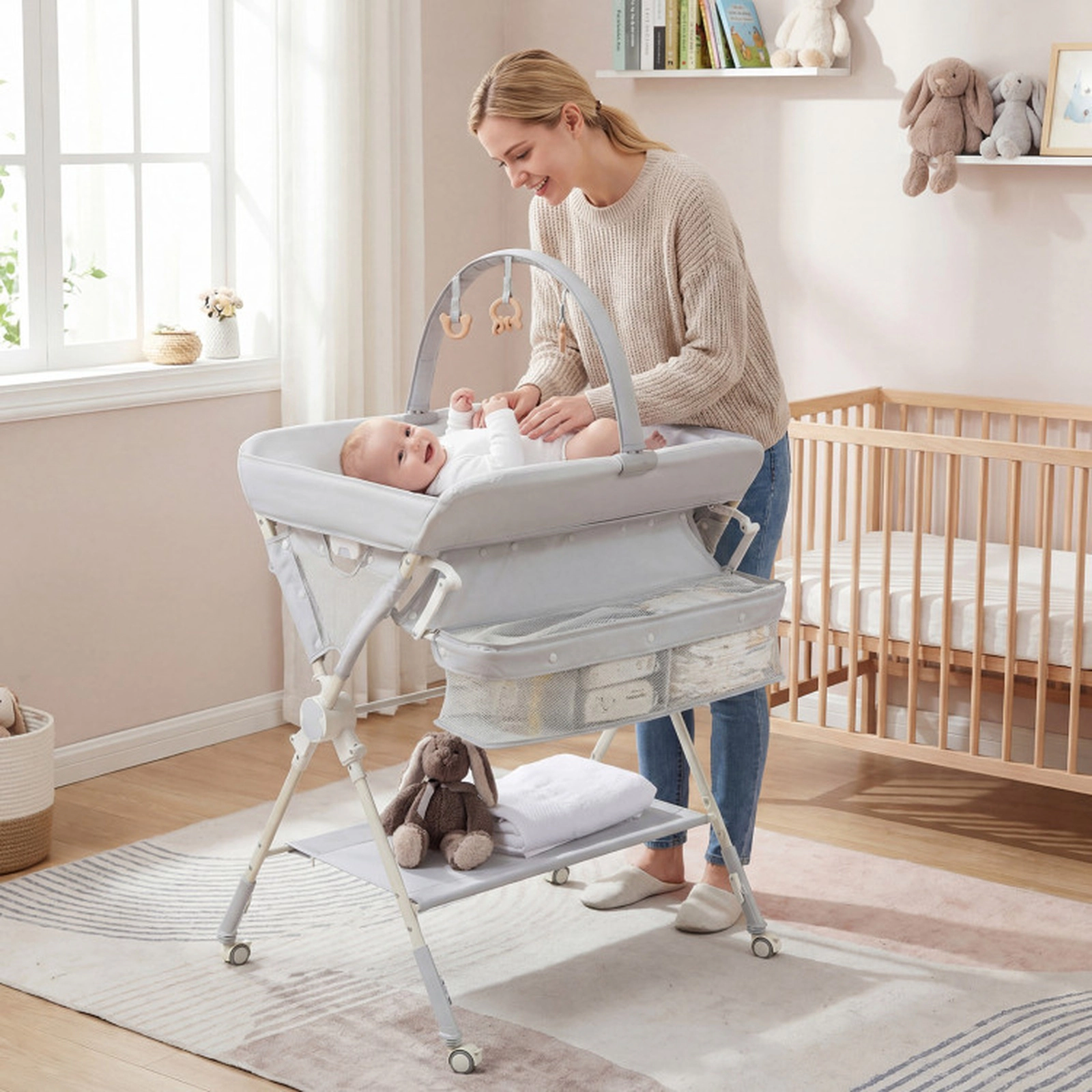 SUGIFT Foldable Baby Changing Table Diaper Station with Storage Bag and Shelf 55-lb Capacity Ages 0-12 Months Gray