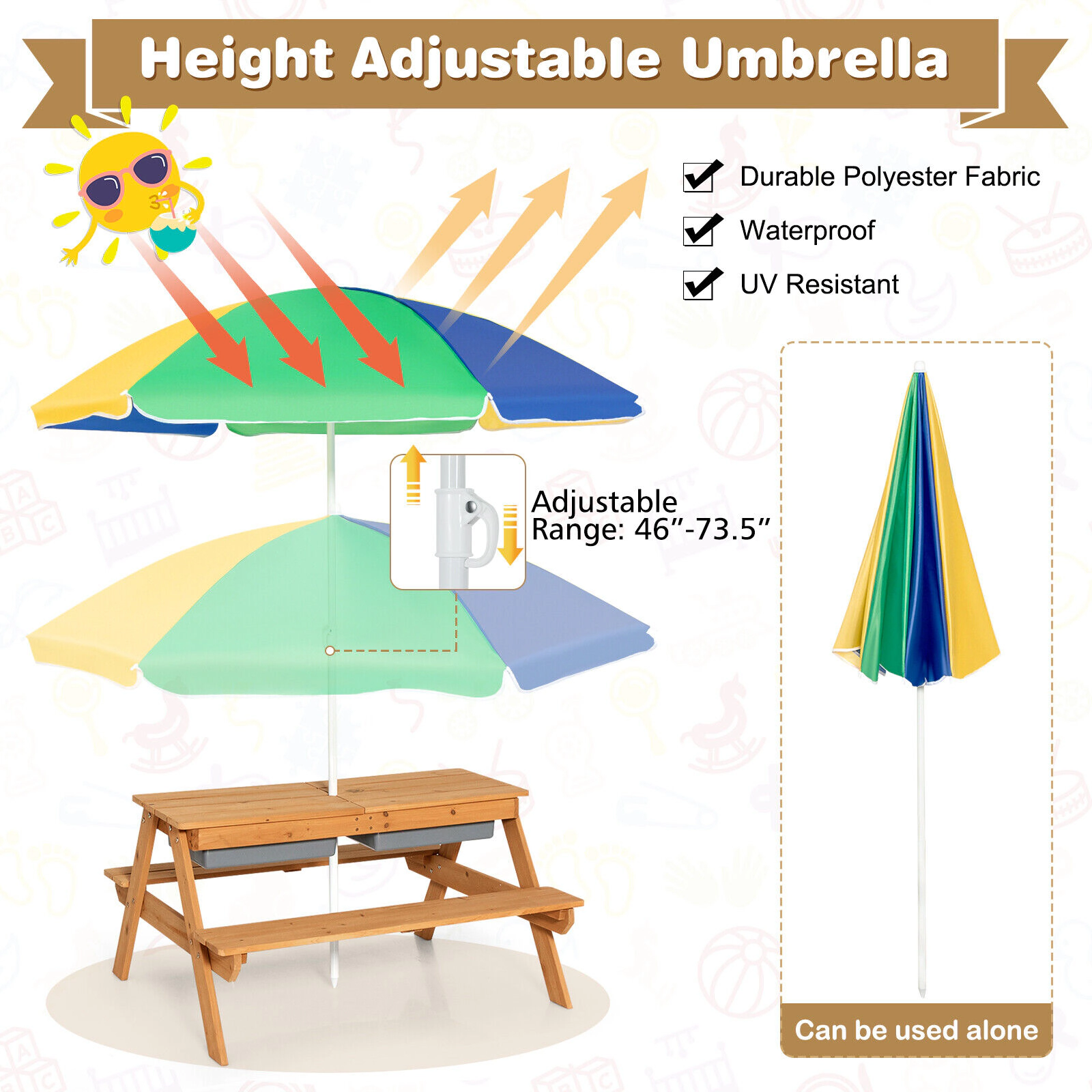 SUGIFT Umbrella and Sand Water Play Boxes Kids 3-in-1 Outdoor Fir Wood Picnic Table