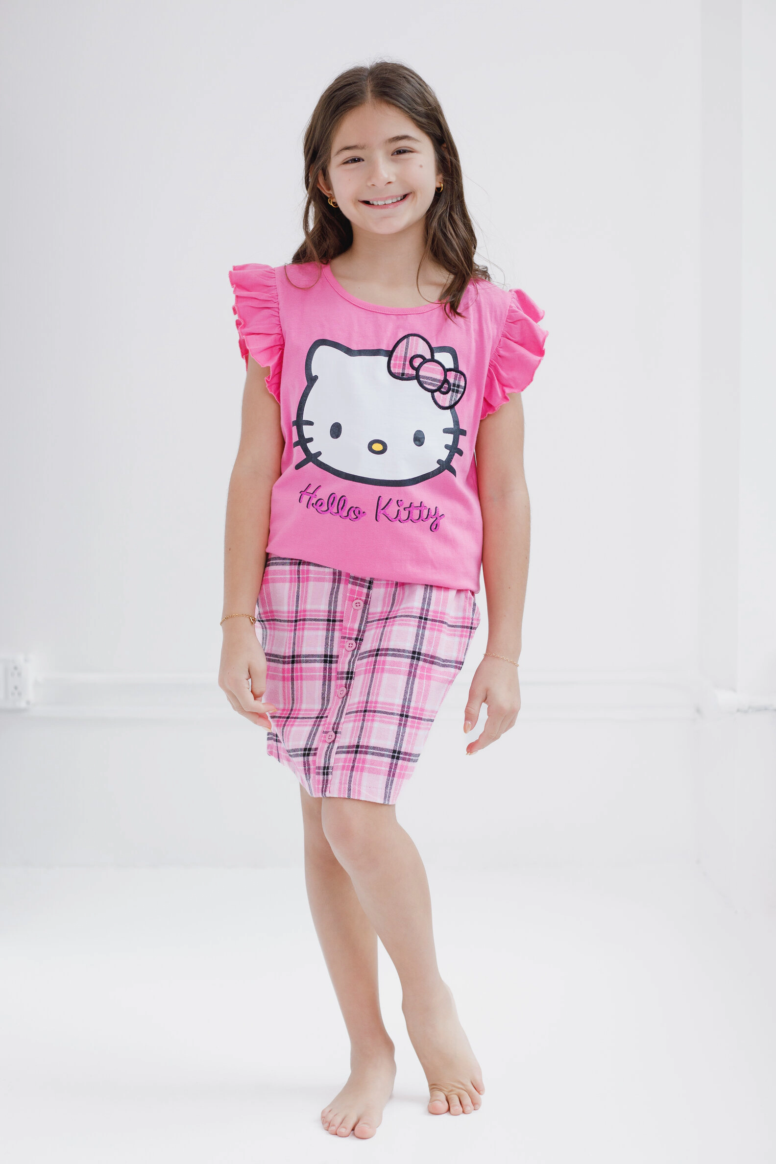 Hello Kitty Girls' 2-Piece Tee and Plaid Skirt Set