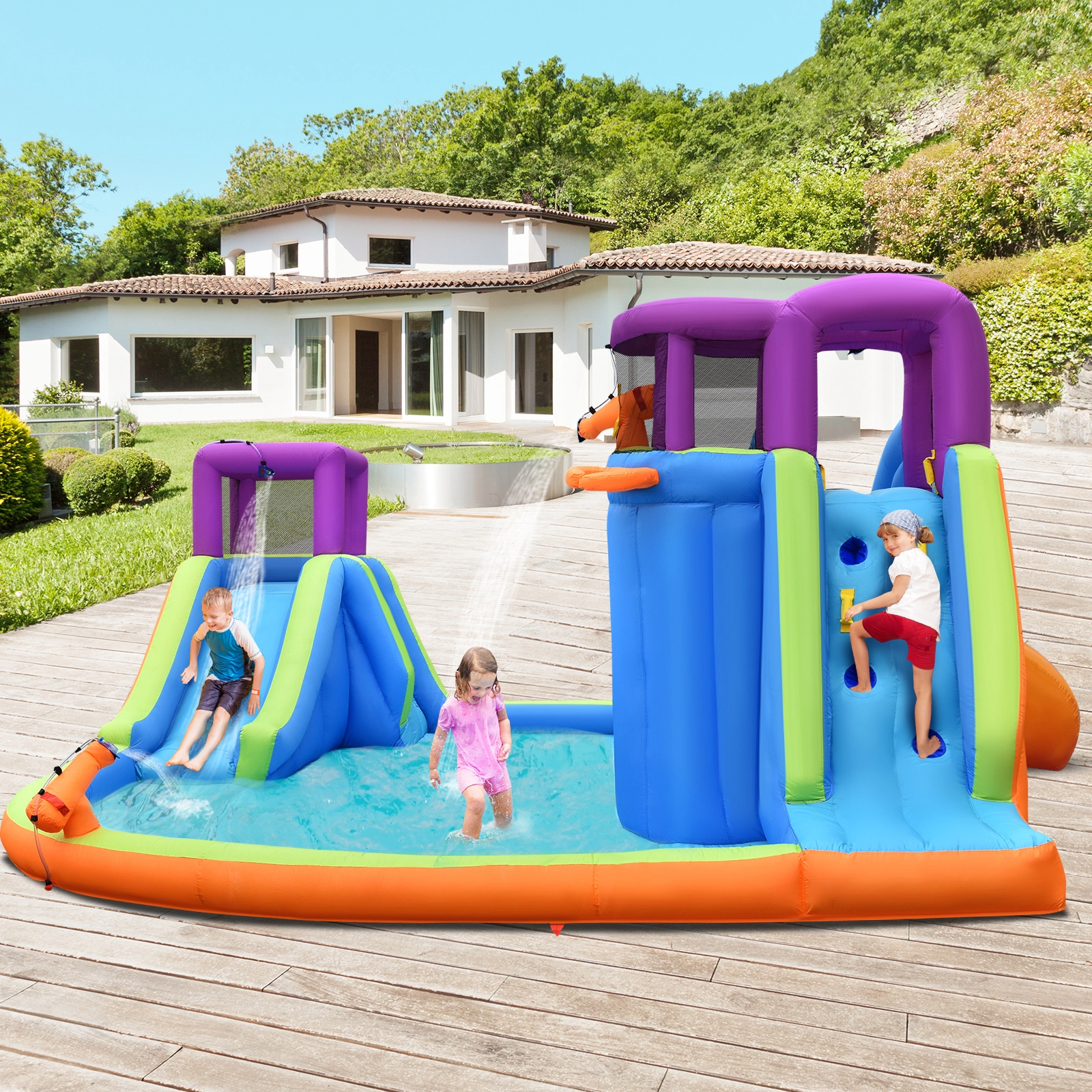 Hivvago 6-in-1 Inflatable Dual Water Slide Bounce House Without Blower
