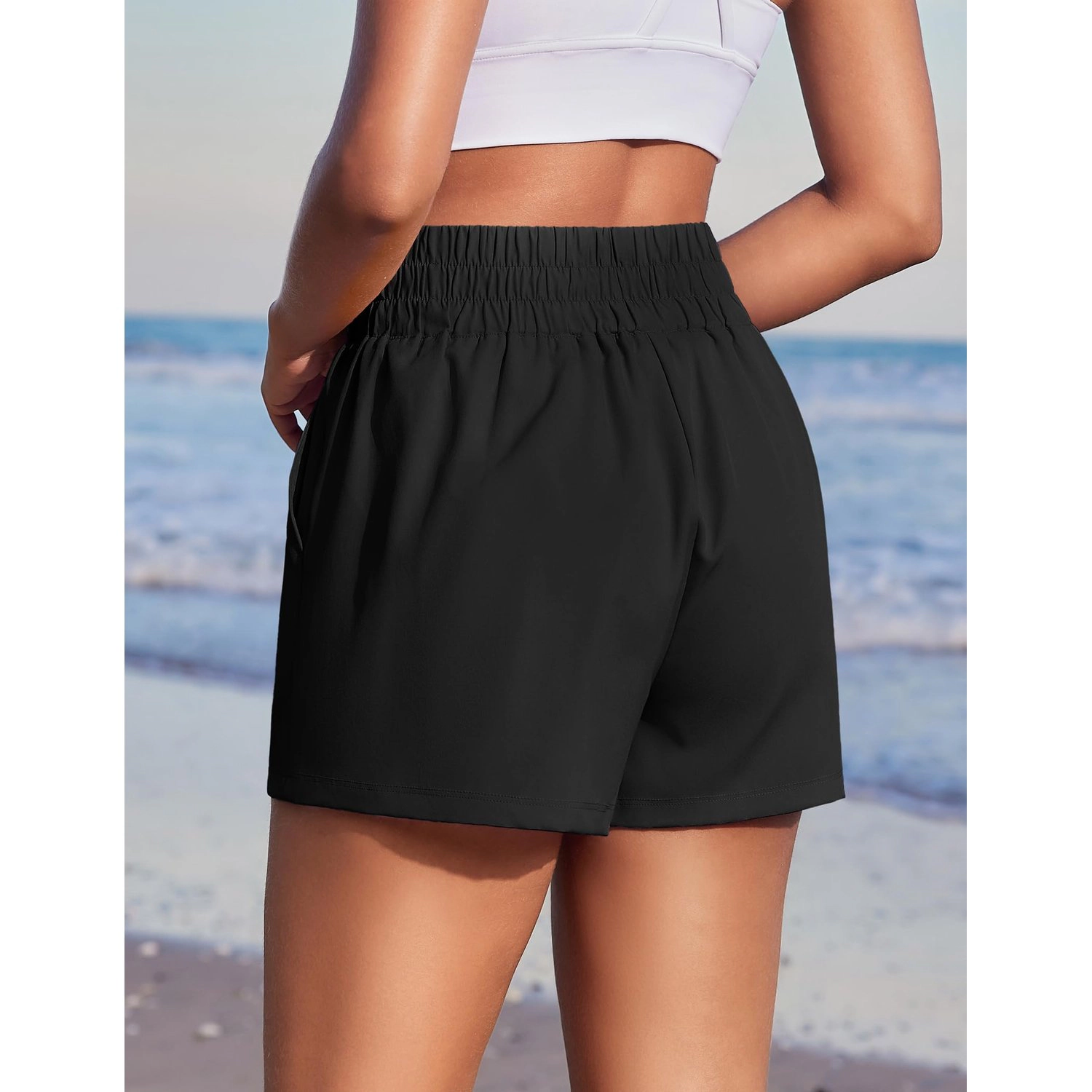 Pinspark Womens High Waist Workout Shorts Elastic Pockets Loose Running