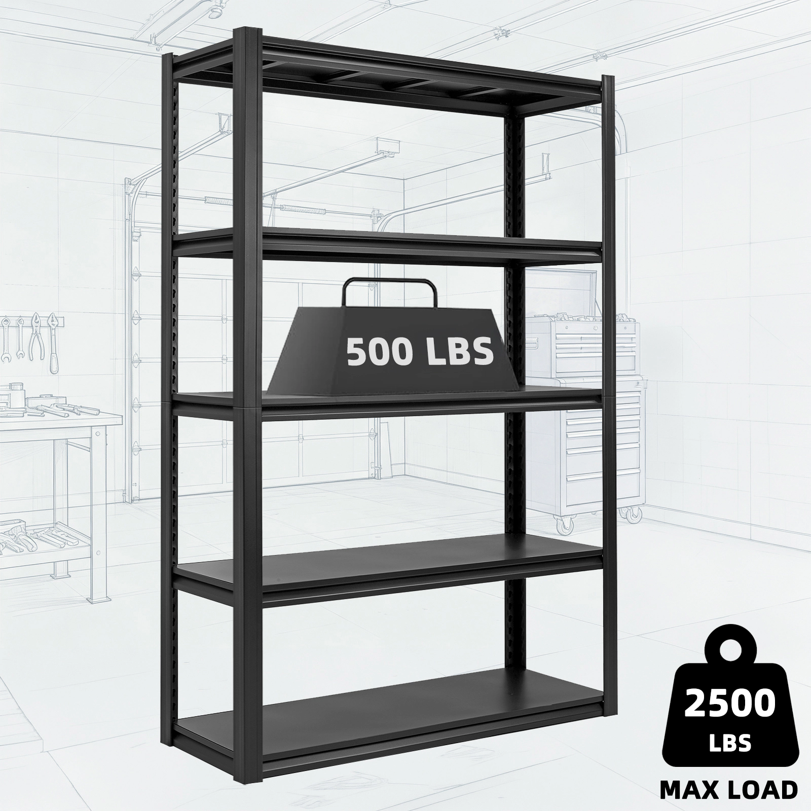 Flynama 5-Tiers Heavy Duty Metal Adjustable Garage Storage Shelving Unit in Black (47.2 in. W x in. H x in. D