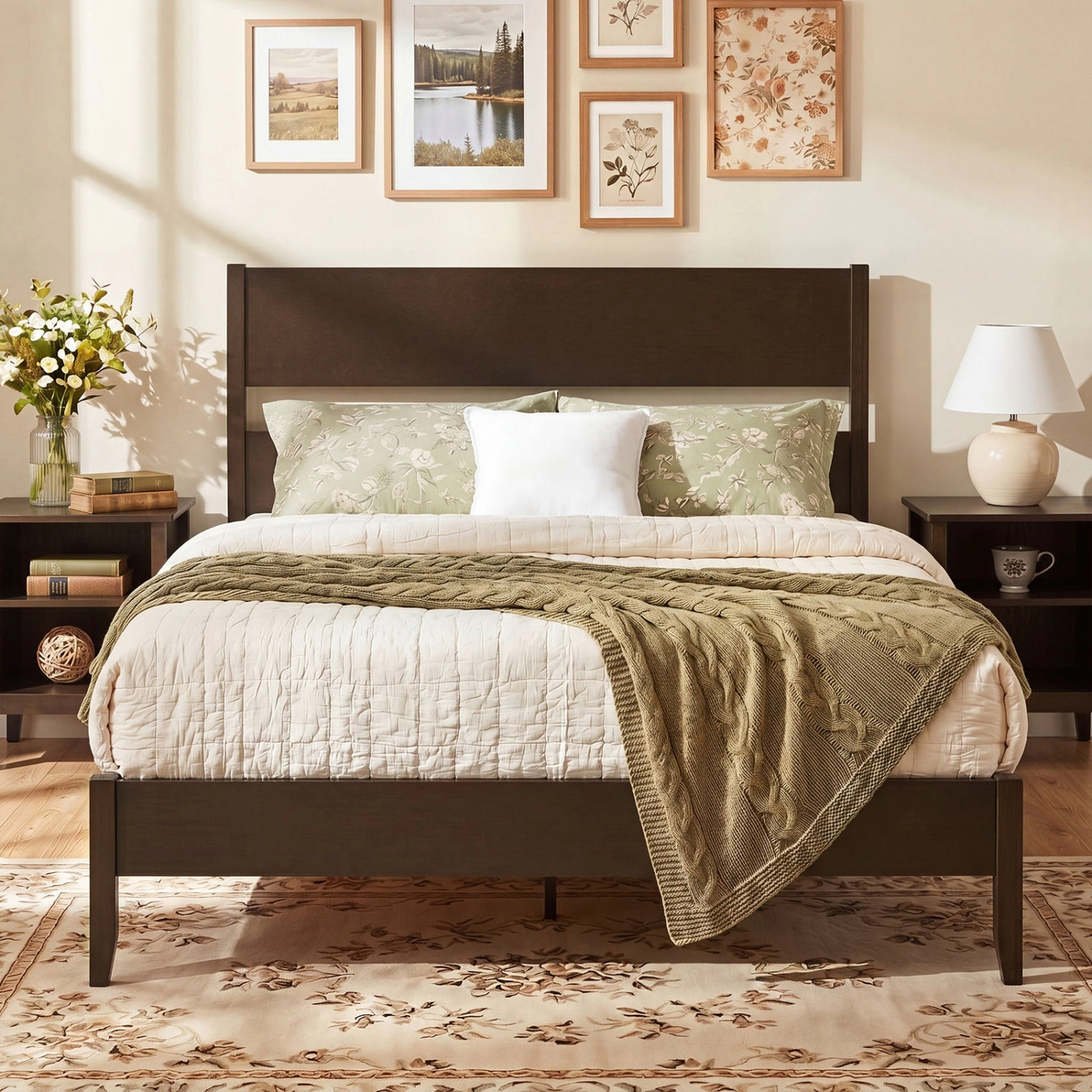 SUGIFT Queen Platform Bed Frame, 35-in Wood Headboard, 12 Screw-Fixed Slats, Dark Walnut