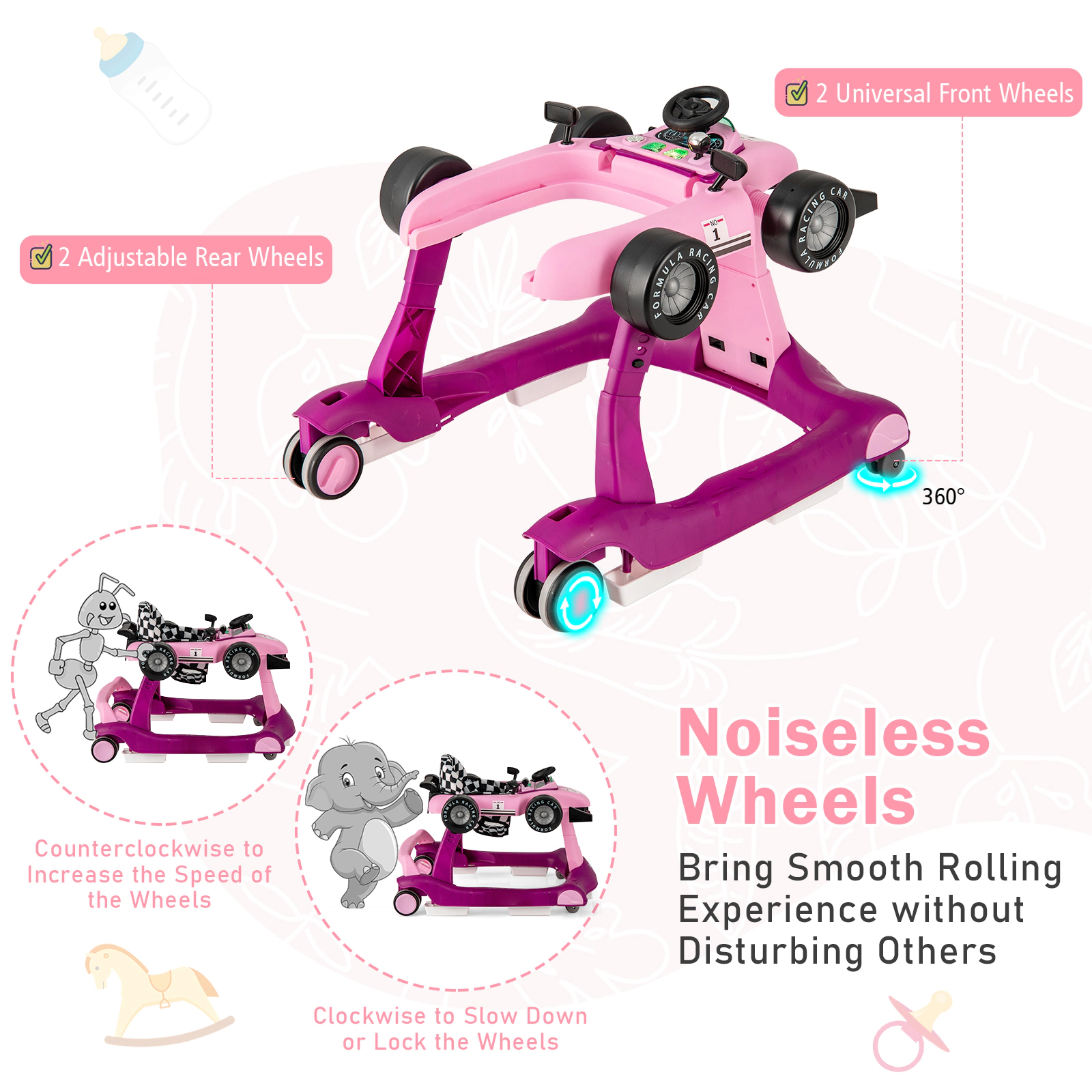 SUGIFT 4-in-1 Foldable Activity Push Walker Adjustable Height 25-lb Capacity Ages 6-18 Months 29-in Frame Purple