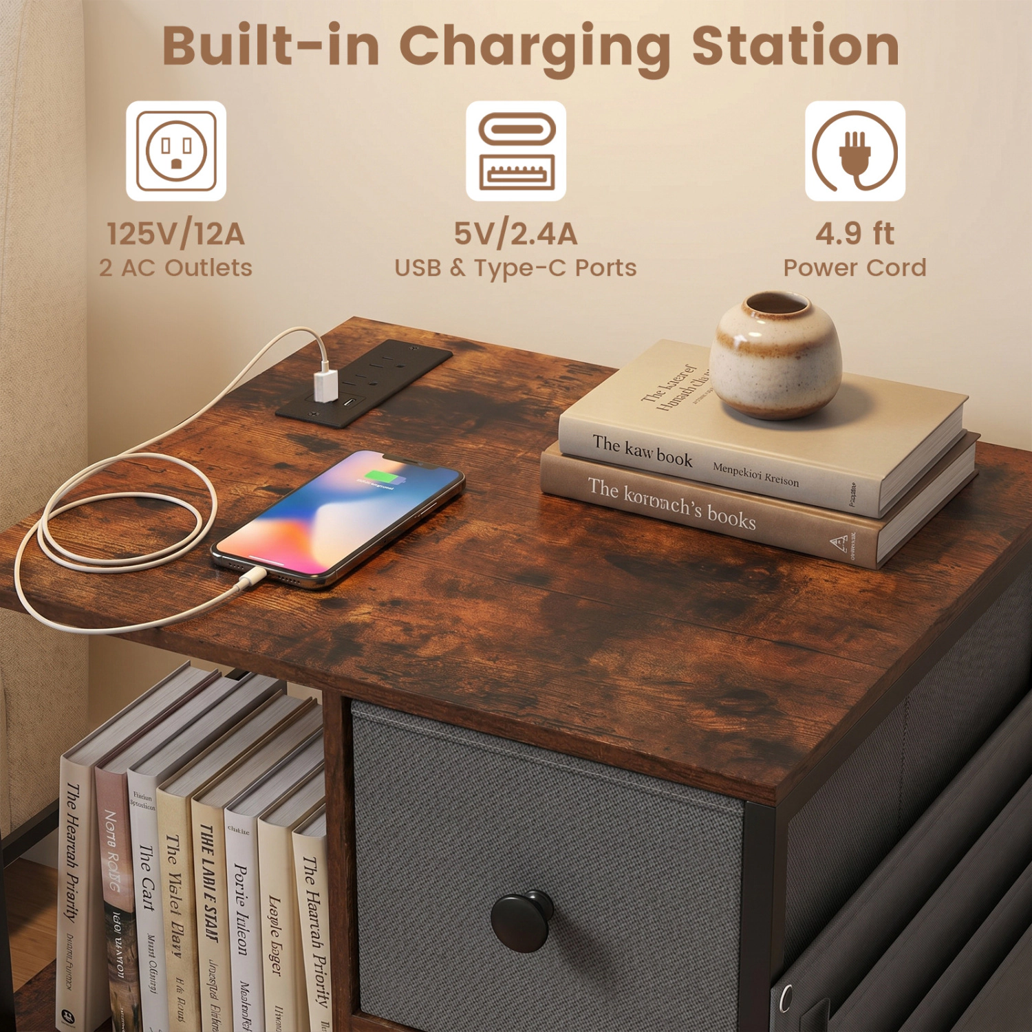 Hivvago Side Table With Charging Station Industrial Nightstand With Open Shelves