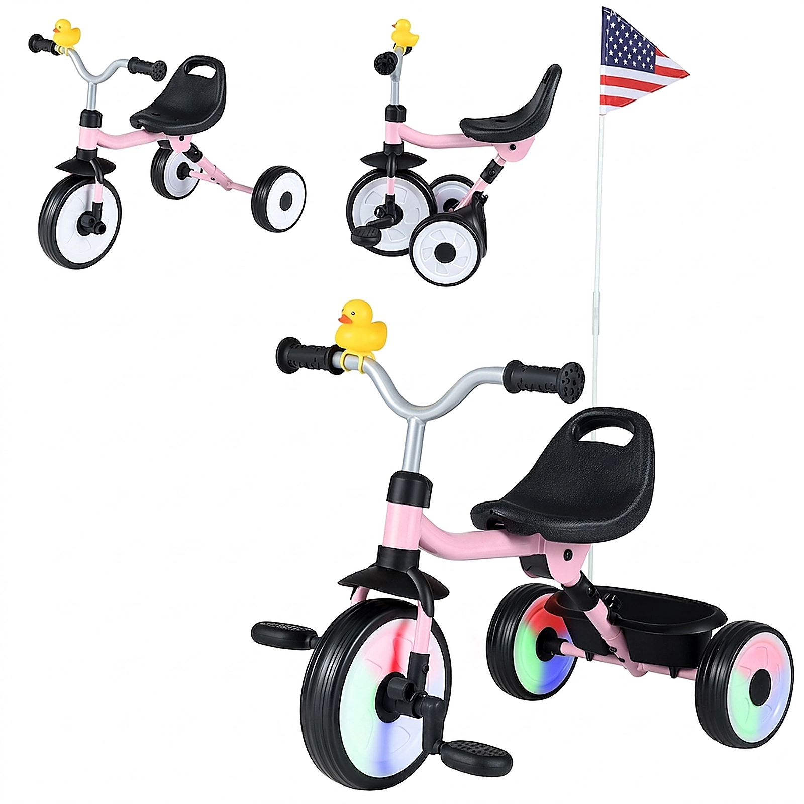 SUGIFT LED Glowing Wheels 3-Position Seat and Storage Basket Toddler Tricycle