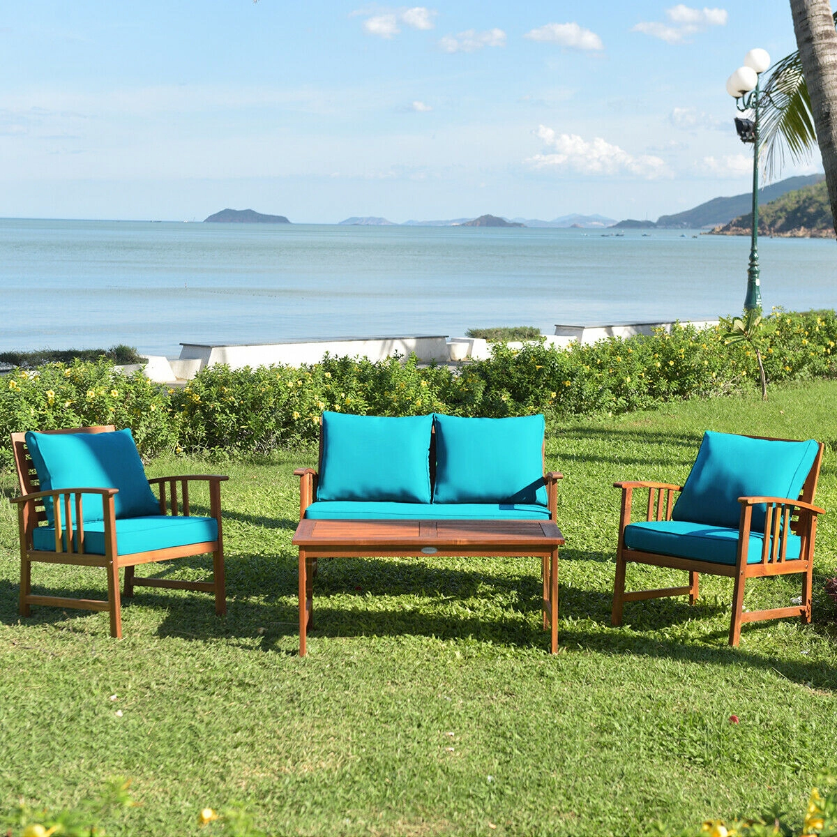 SUGIFT 4-Piece Acacia Wood Patio Conversation Set with Loveseat, 2 Chairs and Coffee Table