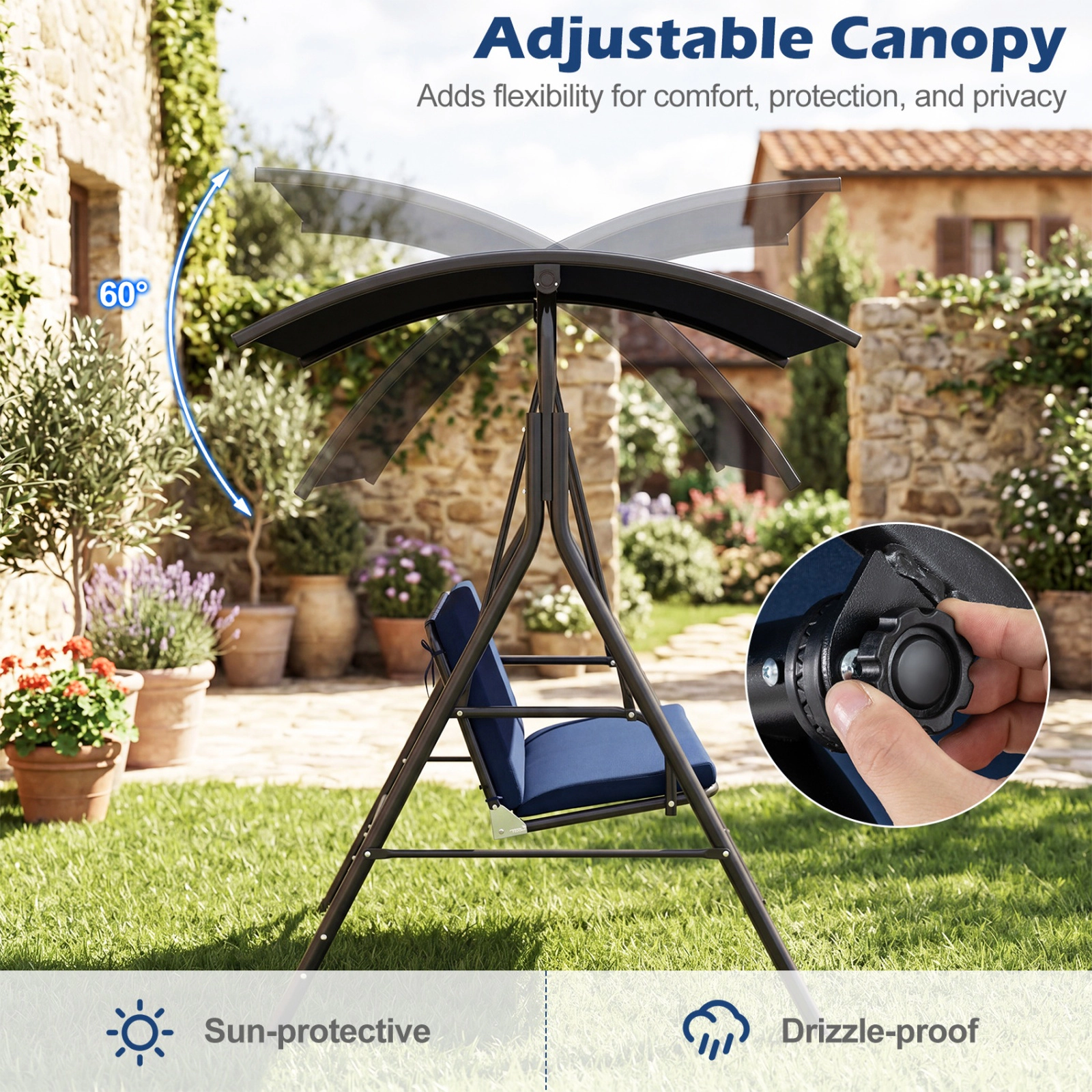 SUGIFT Patio Swing Chair with Adjustable Canopy and Removable Cushion Metal Frame 800-lb Capacity 2-Person Navy