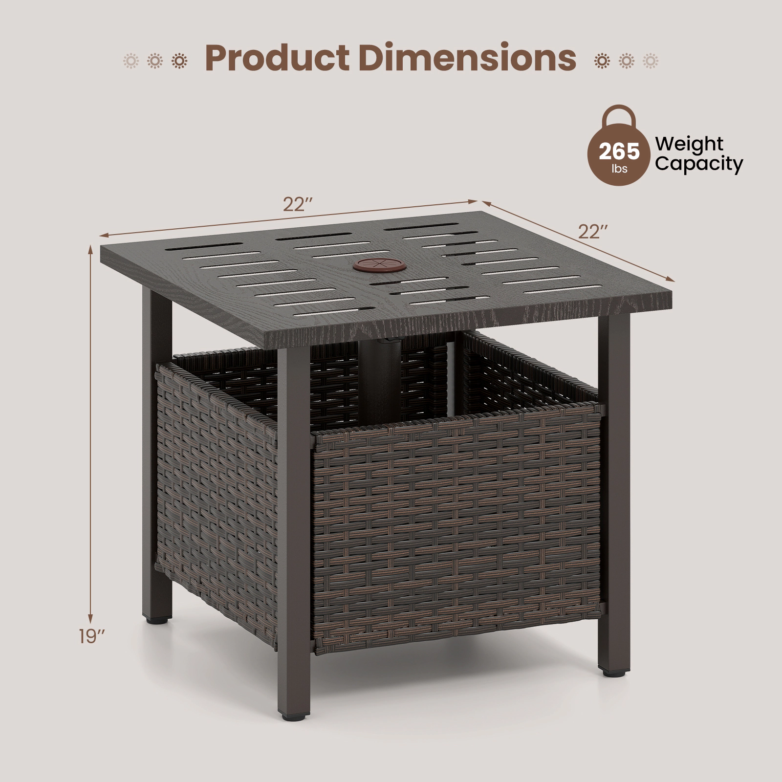 SUGIFT Brown 22-In Square PE Rattan Outdoor Side Table with Umbrella Hole