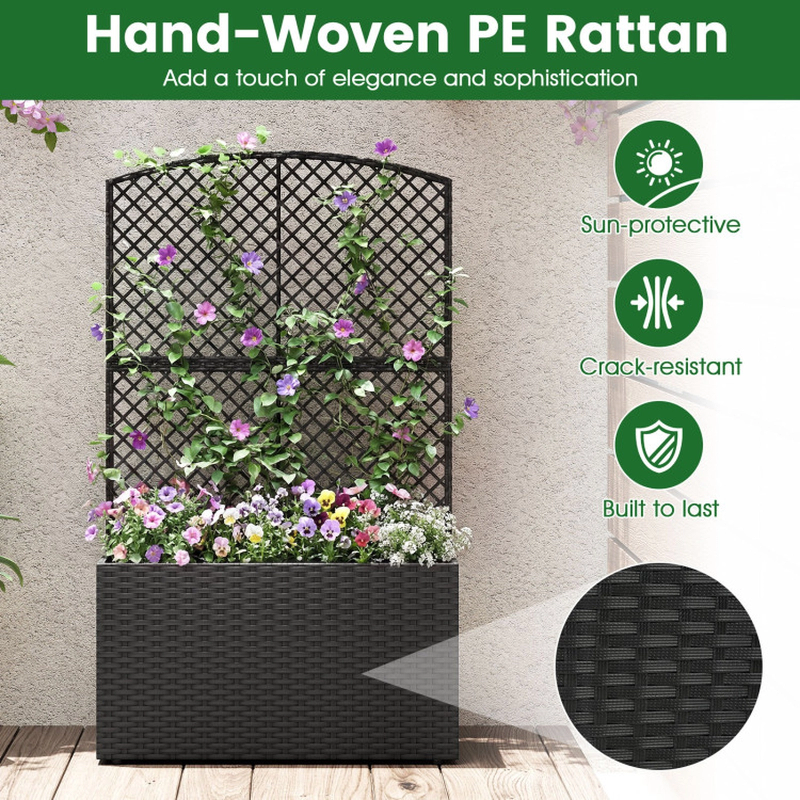 SUGIFT Set of 2 130-lb Capacity 49-in Raised Garden Beds with Climbing Trellis and Hand-Woven Rattan Boxes