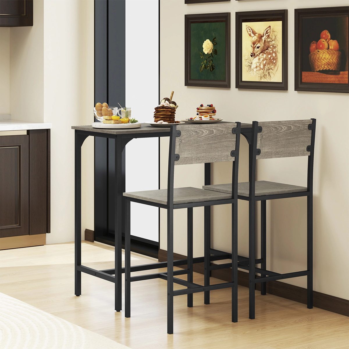 SUGIFT Gray Backrest Chairs and Footrests for Small Spaces 3-Piece Bar Table Set