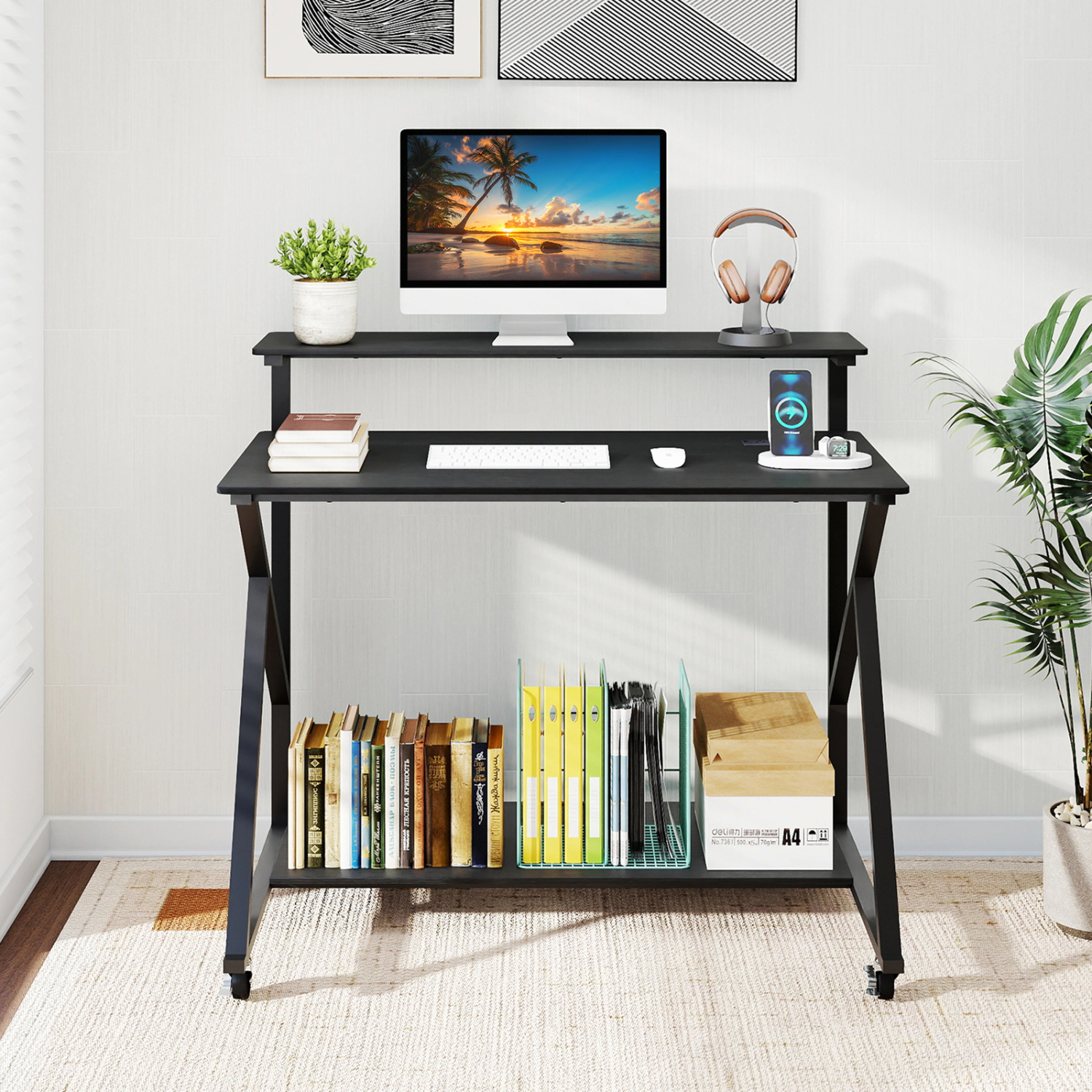 SUGIFT Rolling Computer Desk with Charging Station and Monitor Shelf 155-Lb Tabletop Capacity Rustic Brown/Black