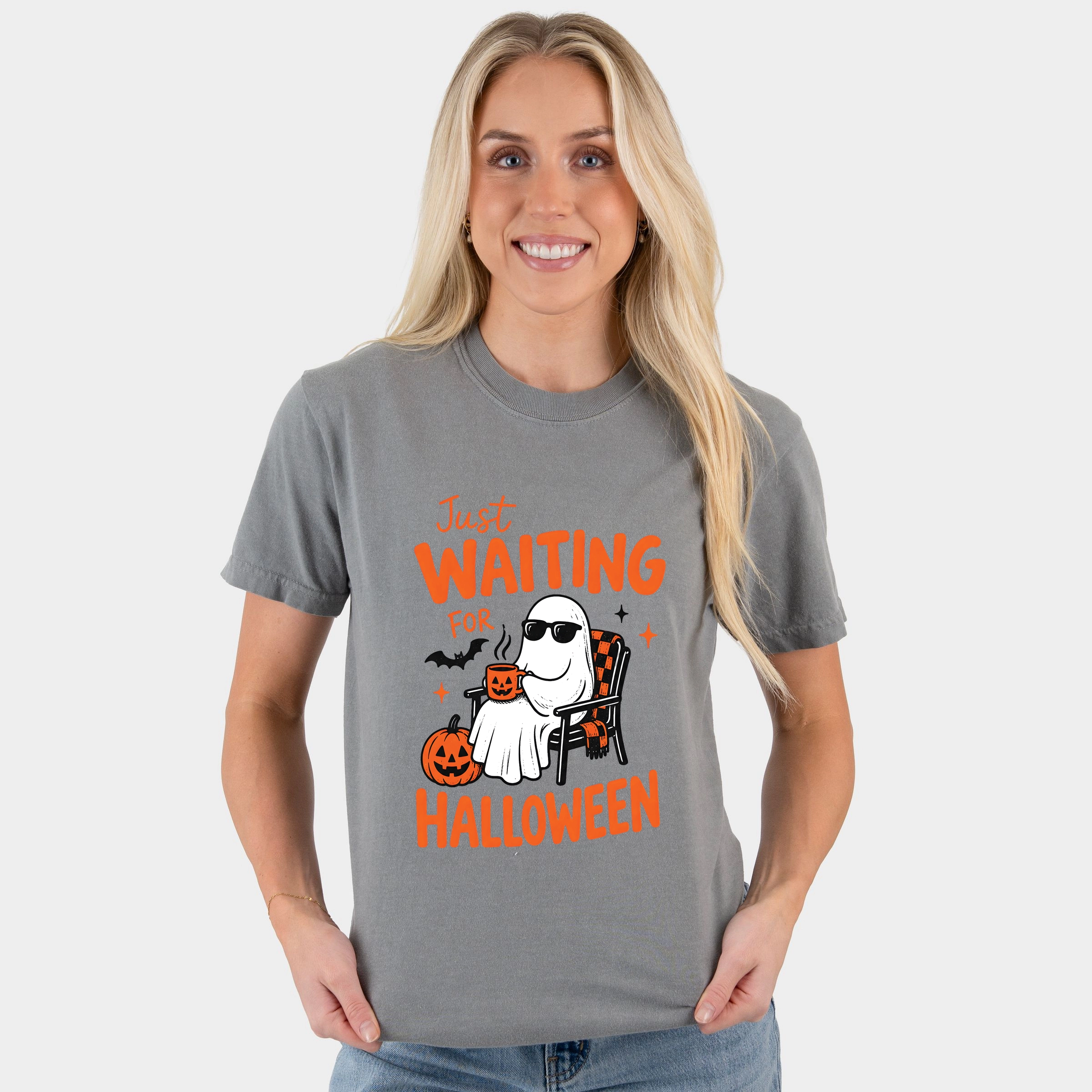 Simply Sage Market - Women's Garment Dyed Graphic T-Shirt Just Waiting For Halloween Ghost