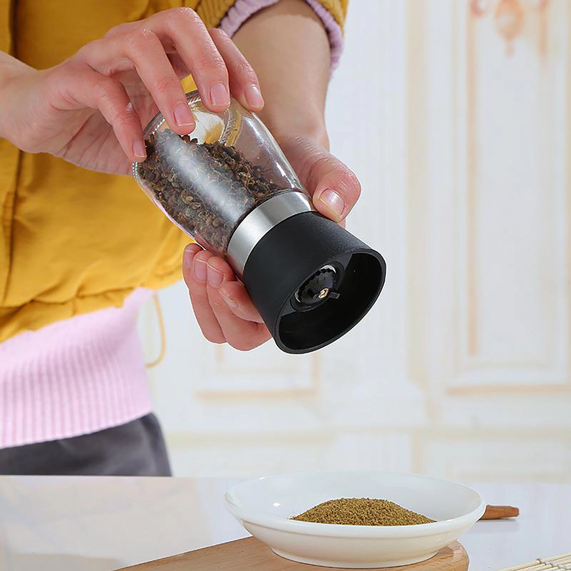 Alilang Unisex 2-Piece Glass Salt and Pepper Grinder Set with Stainless Steel Accent