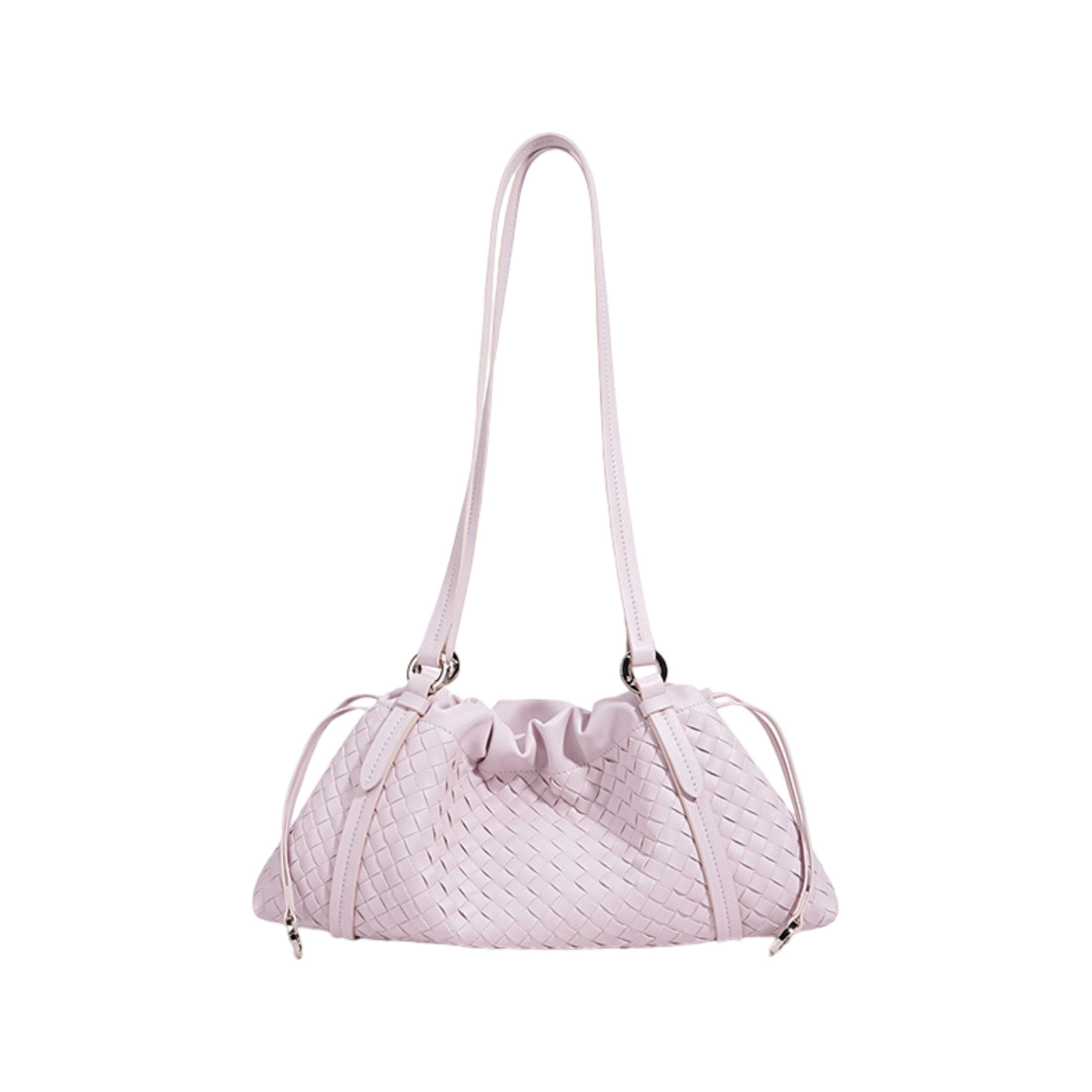 Alilang Women's Woven Leather Shoulder Satchel with Ruched Top Detail Long Straps and Slouchy Shape