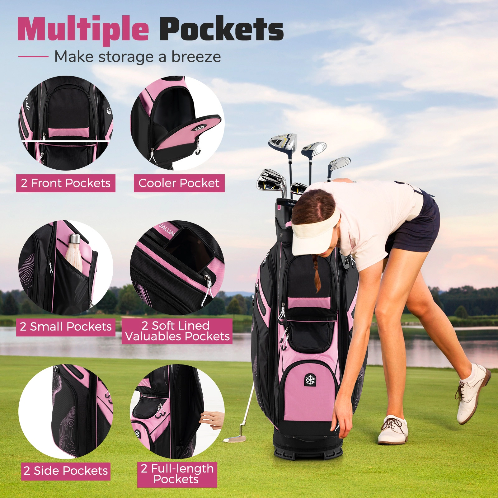 SUGIFT Molded Lock Top Golf Cart Bag with 14-Way Full Length Dividers 11 Pockets Pink
