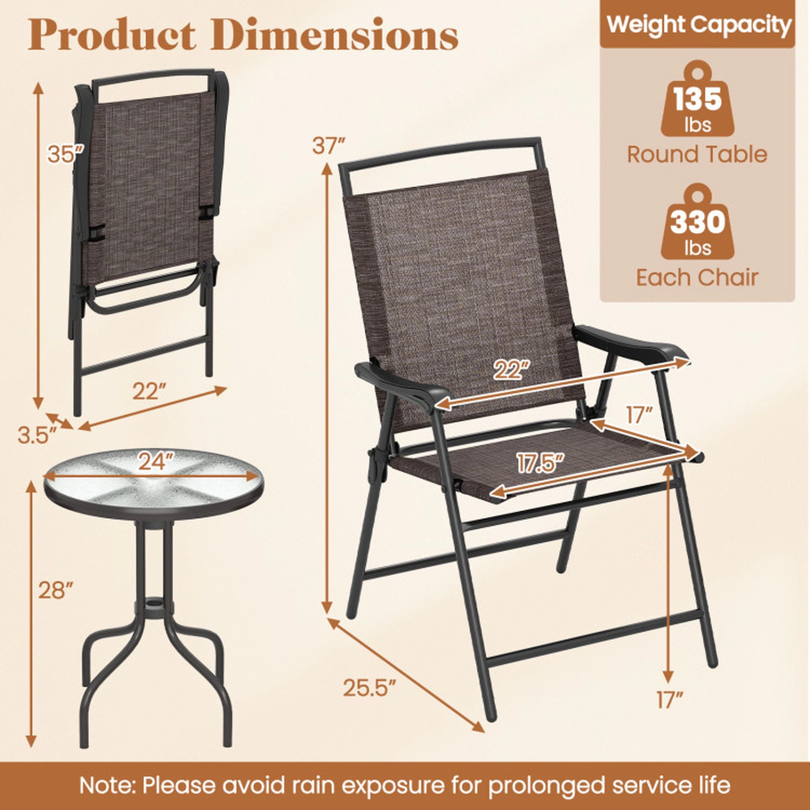 SUGIFT 3-Piece Brown and Black Outdoor Bistro Set with Tempered Glass Table and Folding Chairs