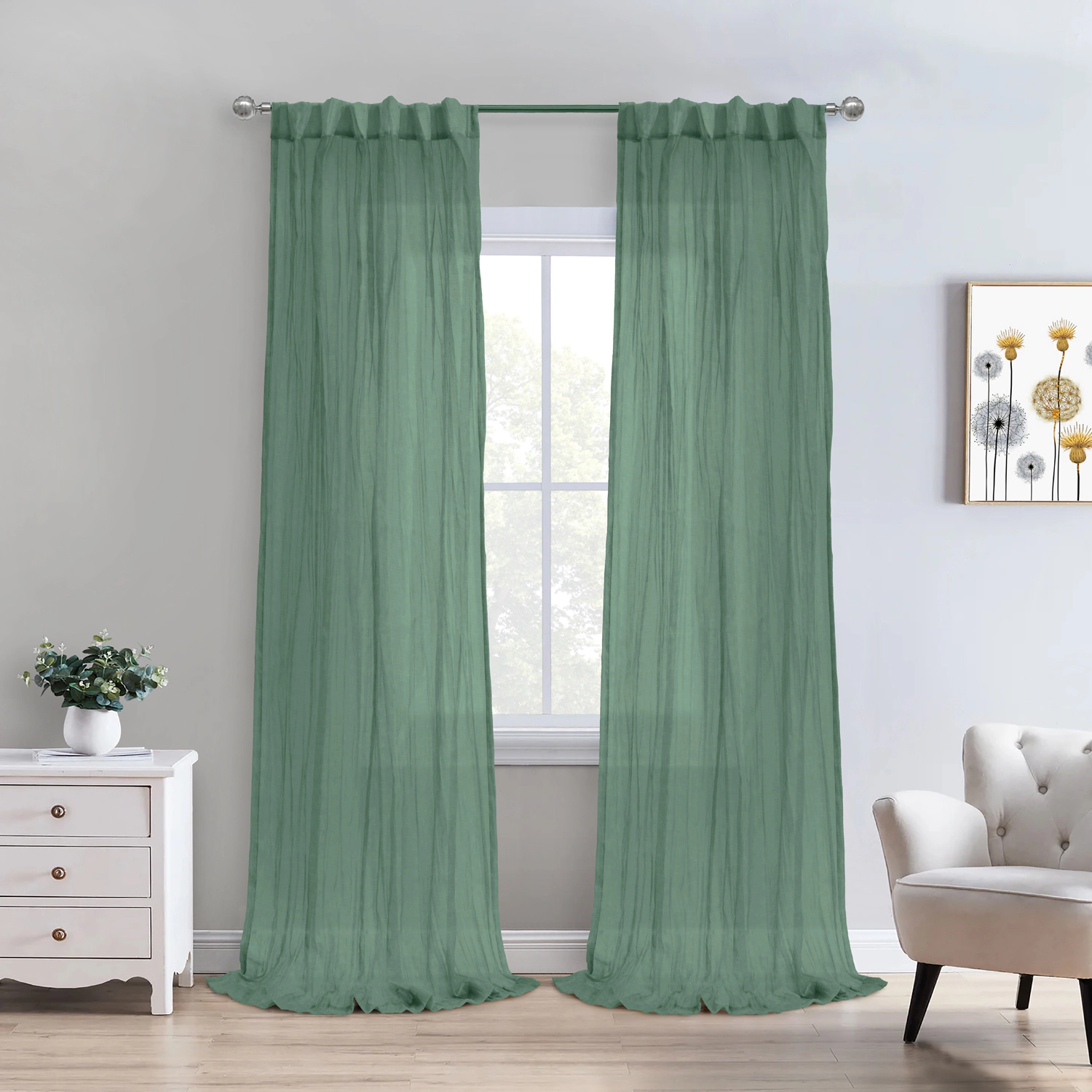 Habitat 100% Polyester Paloma Sheer Broomstick Crushed Solid Dual Header Curtain Panel 52" x 108" Sage