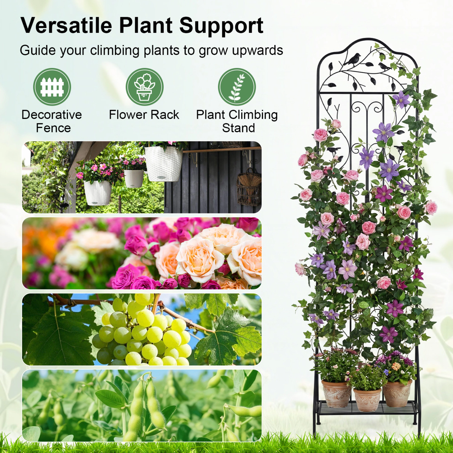 LJG 75 x 20 Inch Outdoor Metal Garden Trellis with Foldable Bottom Shelf