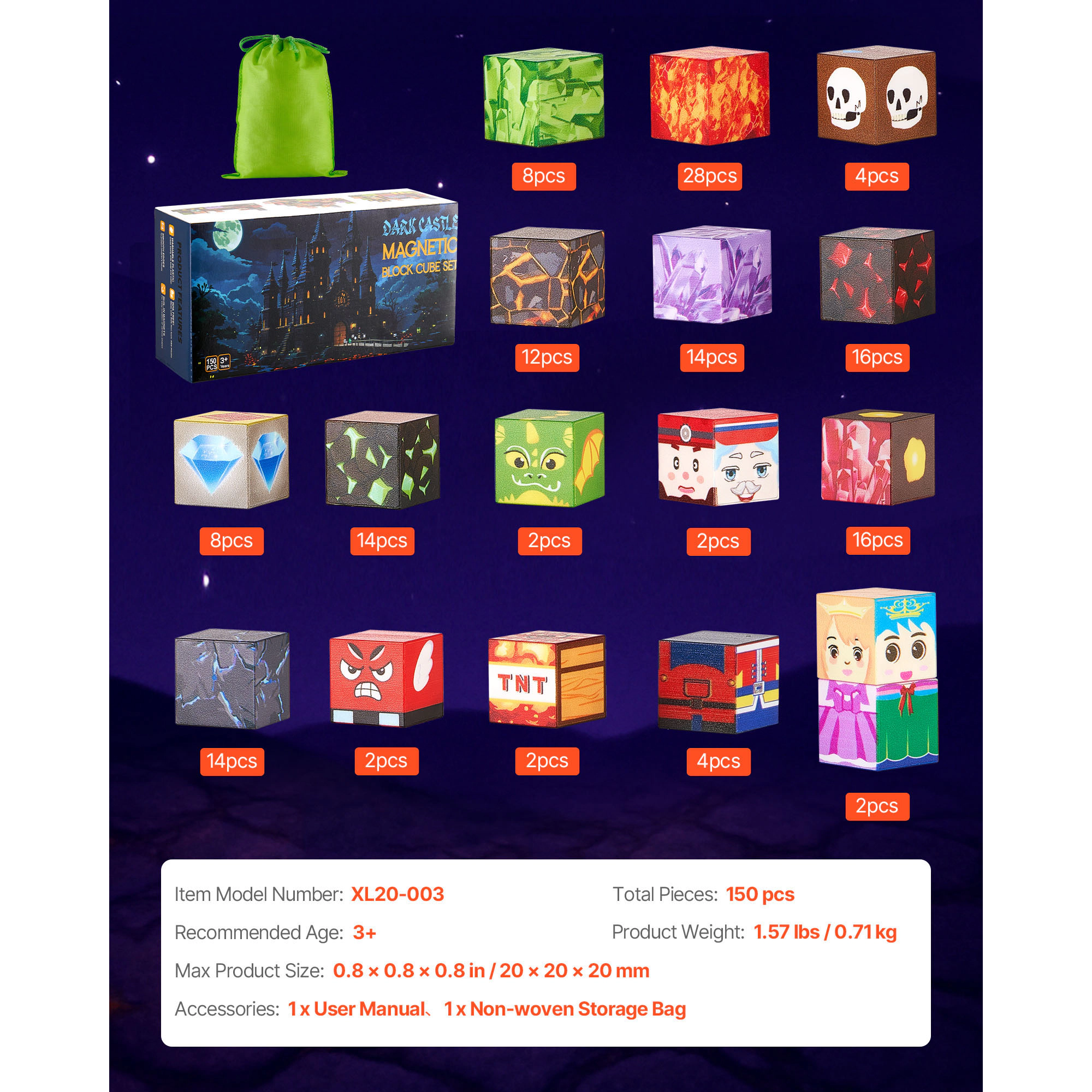 HONGGE Magnetic Blocks Dark Castle Set Magnetic Building Cubes for Kids STEM Montessori Sensory Toys for Christmas