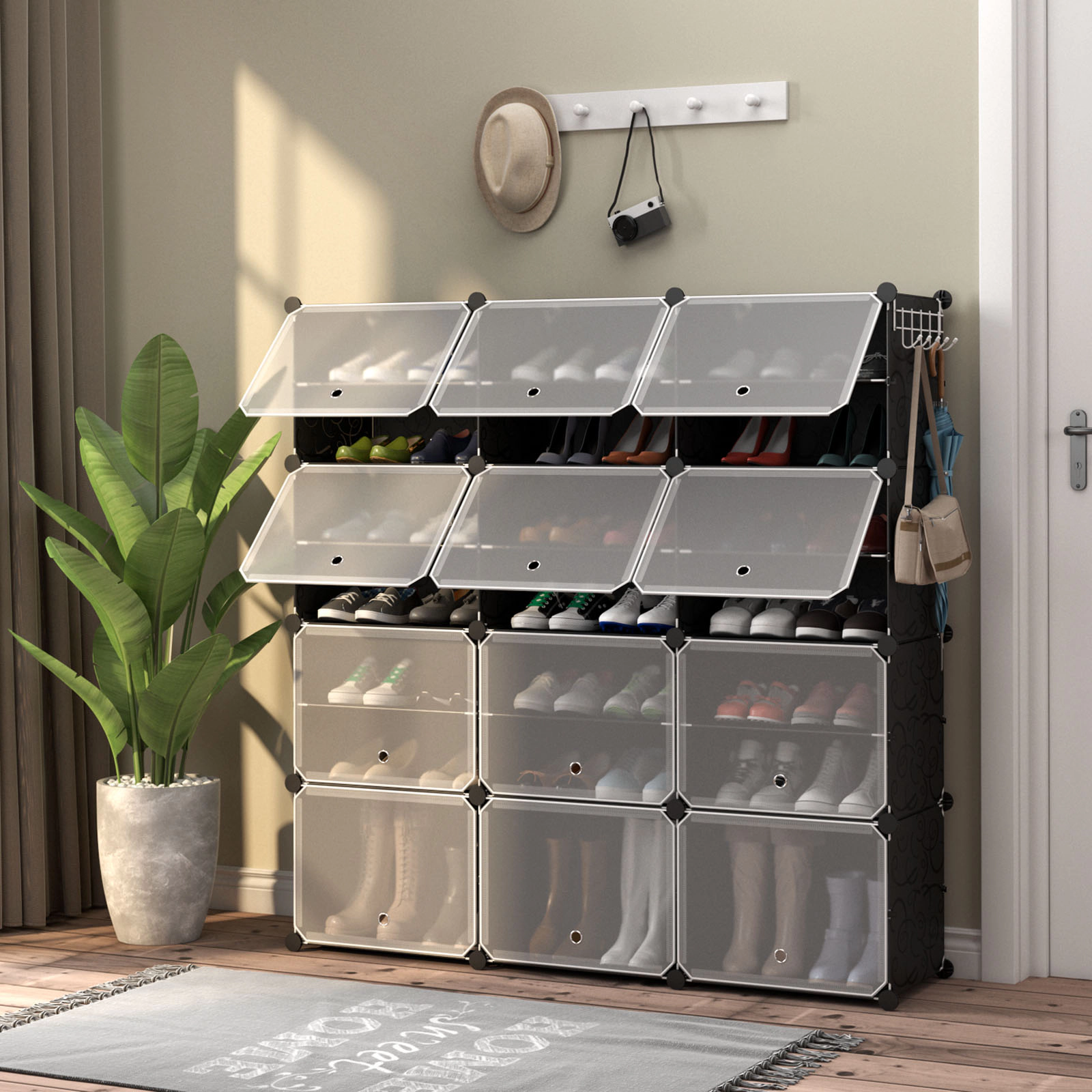 SlickBlue 12-Cube Shoe Storage Organizer with Hanging Hooks