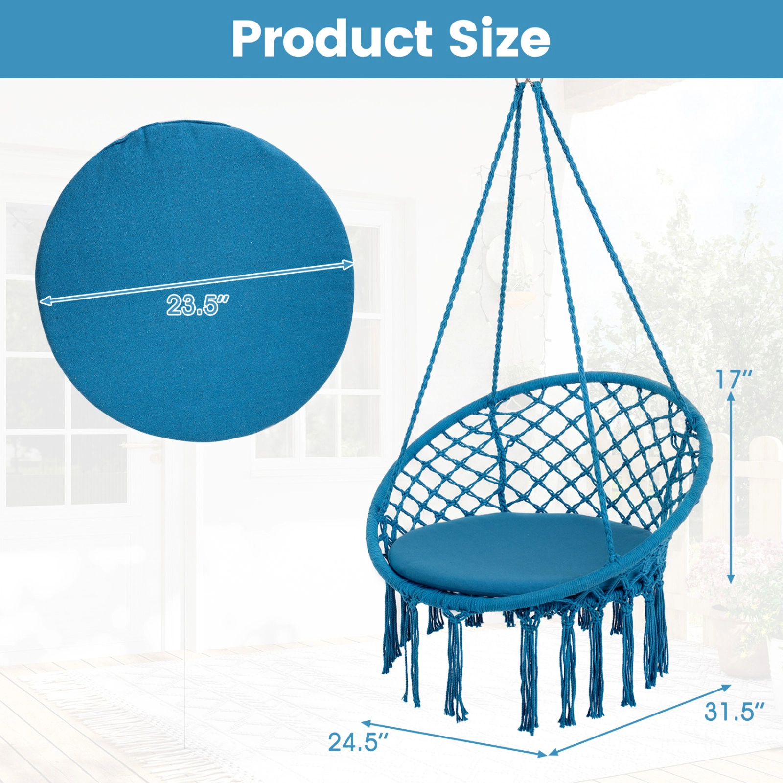 SUGIFT Macrame Hammock Swing Chair with Round Seat Cushion 330-Lb Capacity 31.5-in Wide Indoor Outdoor Blue