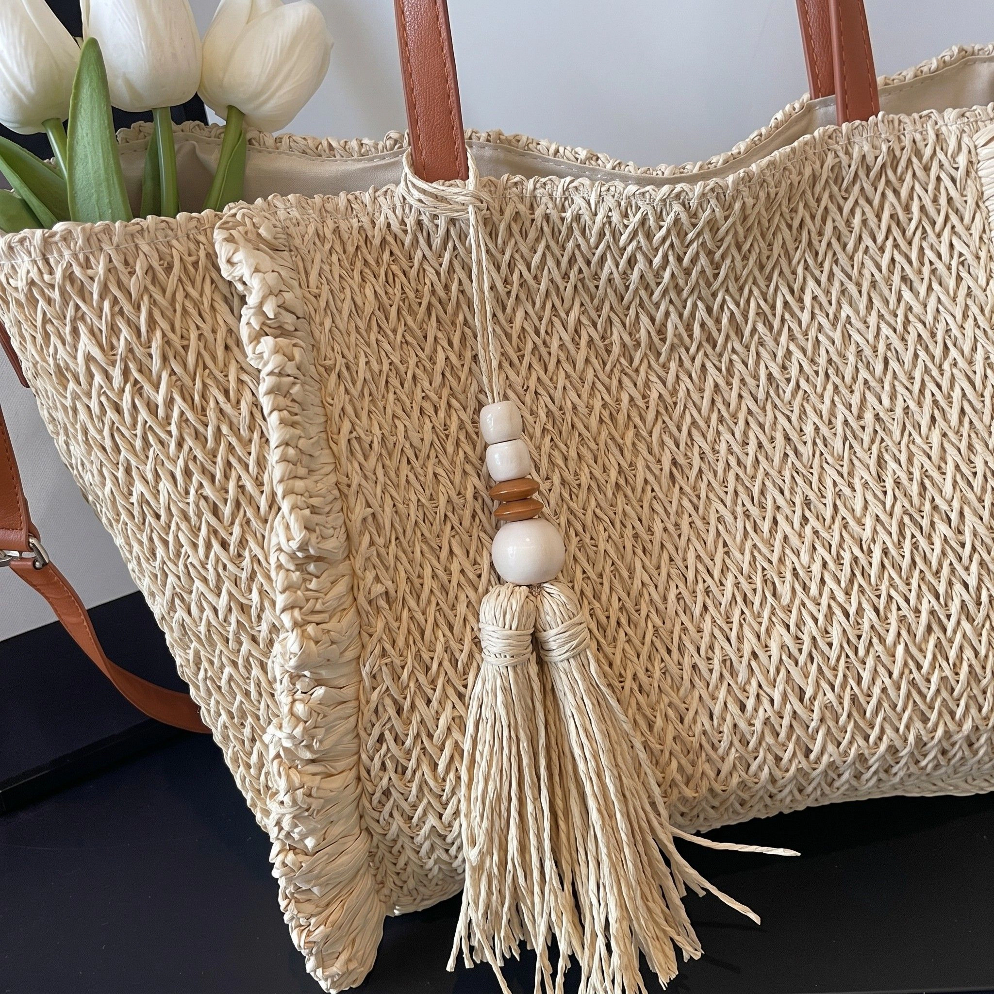 Alilang Women's Fringe Woven Tote Bag with Detachable Strap Zip Closure and Tassel Accent, Khaki