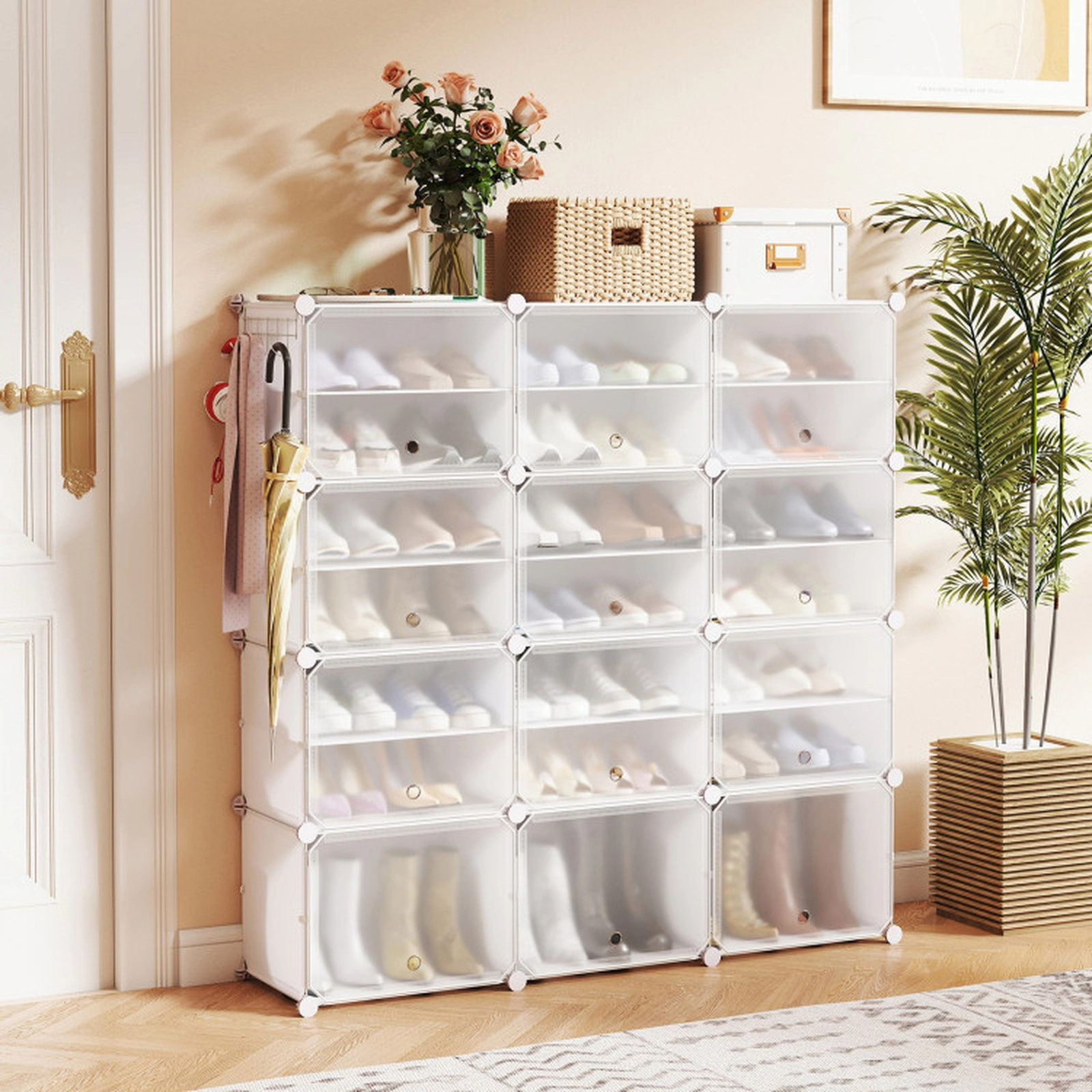 SUGIFT White 12-Cube Portable Shoe Storage Cabinet for 48 Pairs with 5 Hooks and Dust Doors for Closet