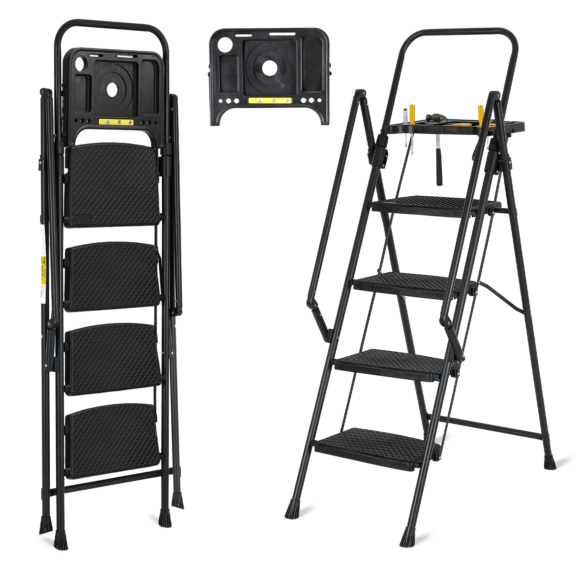 Flynama 4 Step Ladder- 500lb Capacity Steel Foldable Step Stool (Black)