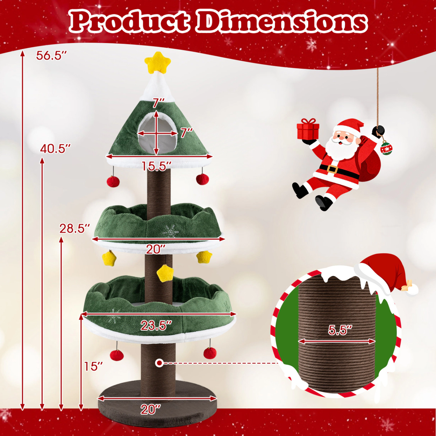 LJG 56.5 Inch Multi-Level Cat Tower with Fully-Wrapped Scratching Posts