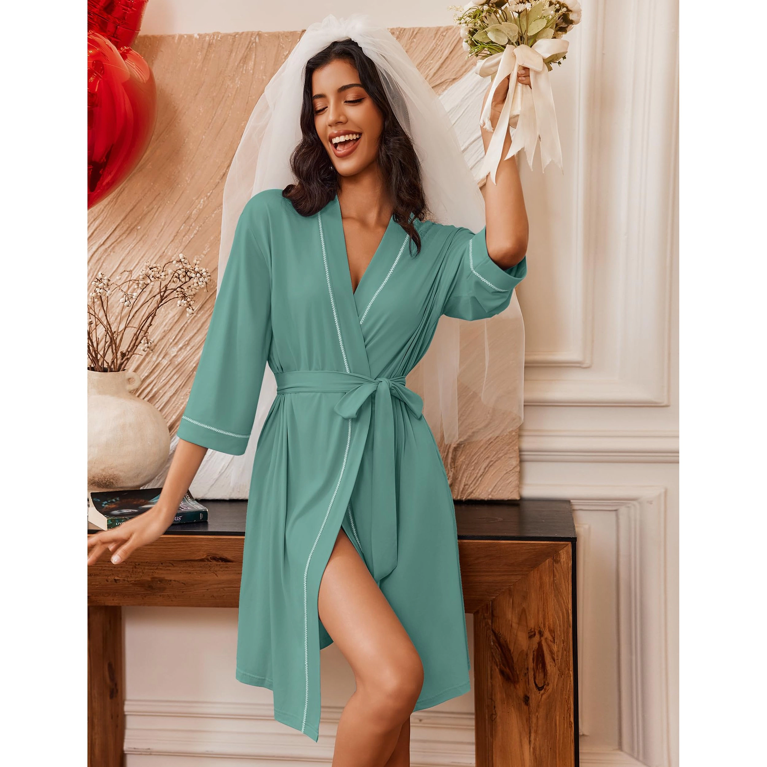 Ekouaer Women Kimono Robe Knee Length Knit Bathrobe Lightweight 3/4 Sleeve Loungewear Soft