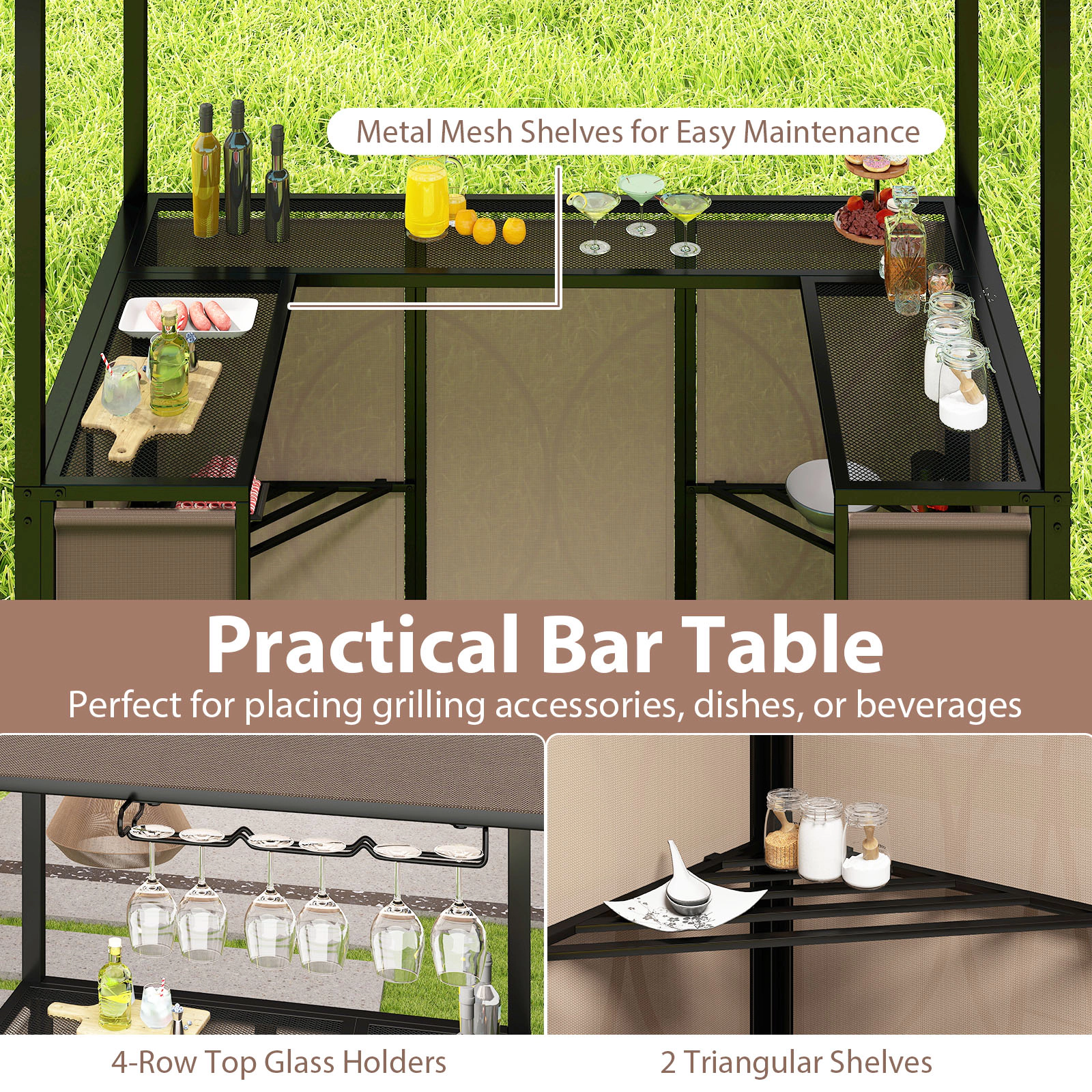 SUGIFT Grill Gazebo Coffee 3-Piece BBQ Canopy with Awning Bar Table and 2 Chairs