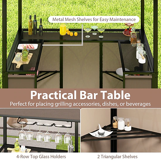 SUGIFT Coffee 3-Piece Grill Gazebo Canopy with Side Awning Bar Table and 2 Chairs 6.3-ft W 8-ft H