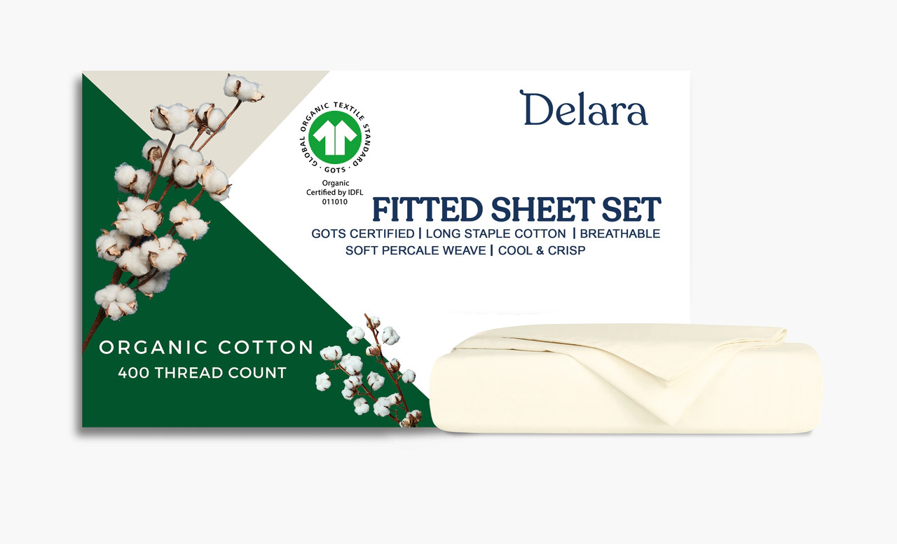 Delara 100% Organic Cotton Percale Weave Fitted Sheet Sets, GOTS Certified, Smooth & Moisture-Wicking Breathable Bedding