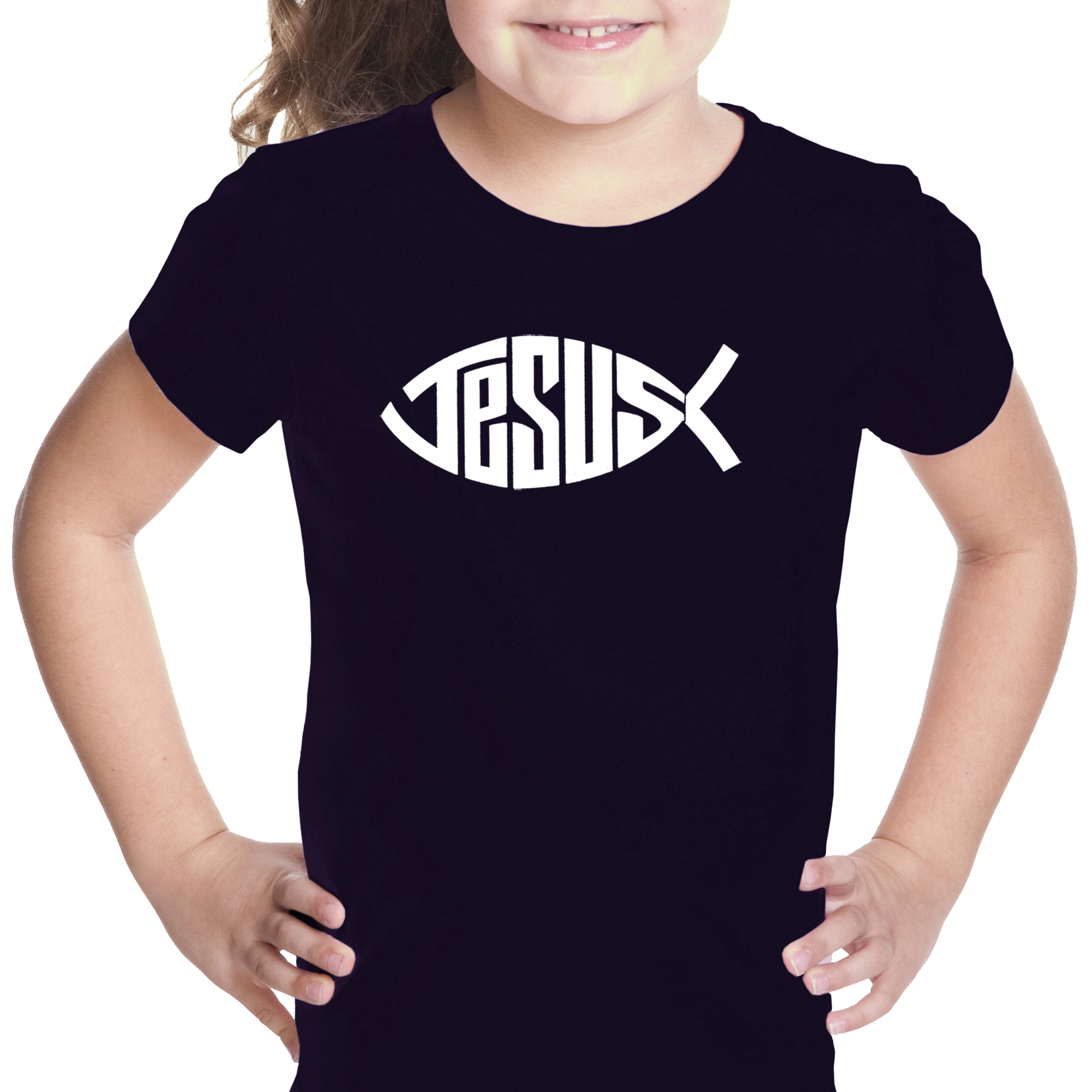 LA Pop Art Girls Word T-Shirt - Christian Jesus Name Fish Symbol