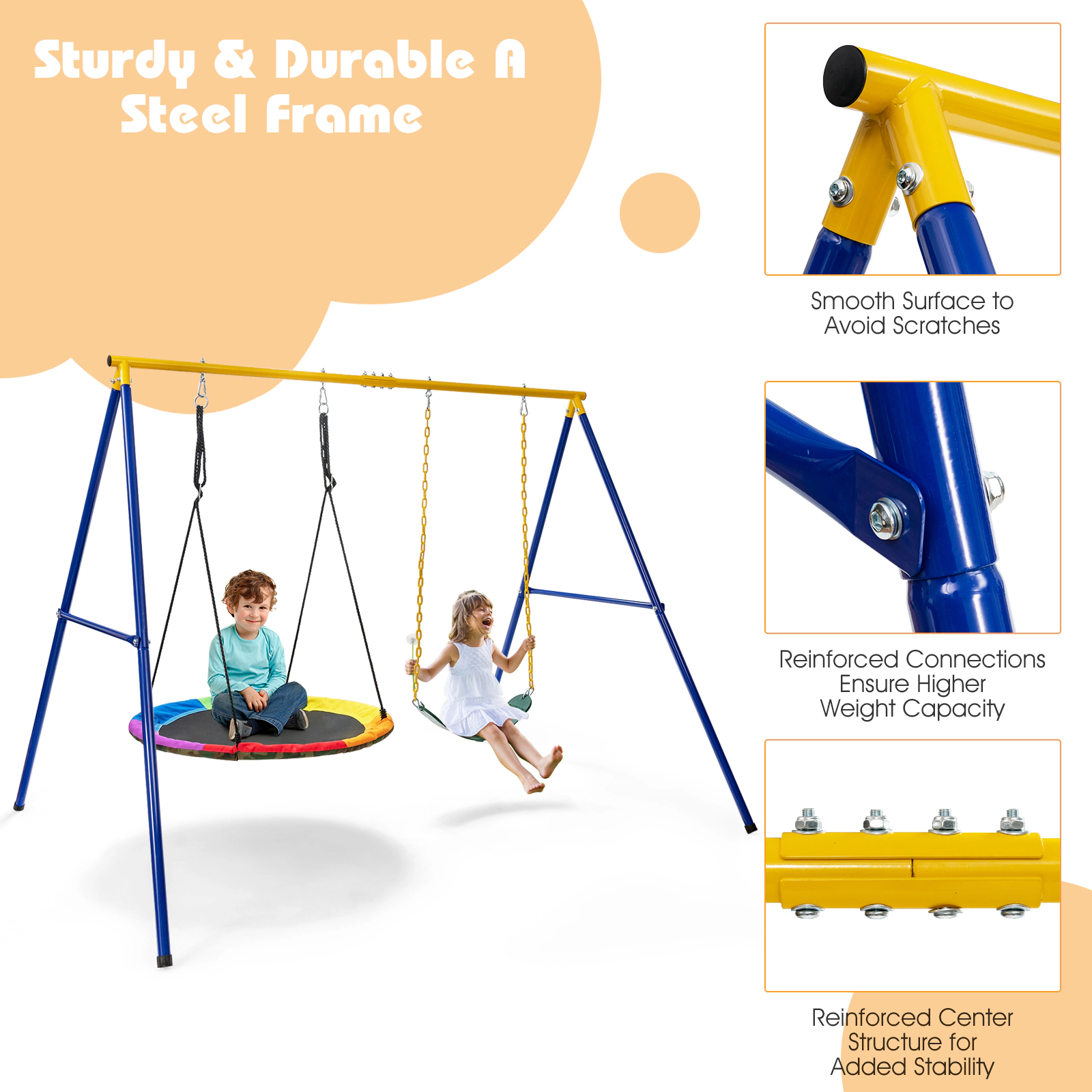 SUGIFT Extra-Large A-Shaped Steel Swing Stand 660-lb Capacity Without Seat Blue Yellow