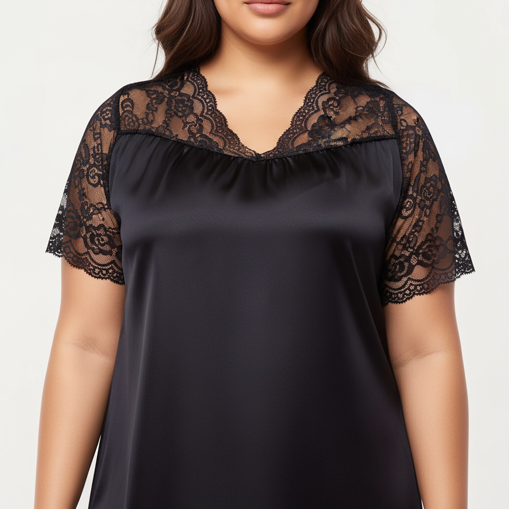 Anna-Kaci Women's Plus Satin Nightgown with Delicate Lace V-Neck Short Sleeves and Soft Flowing Silhouette