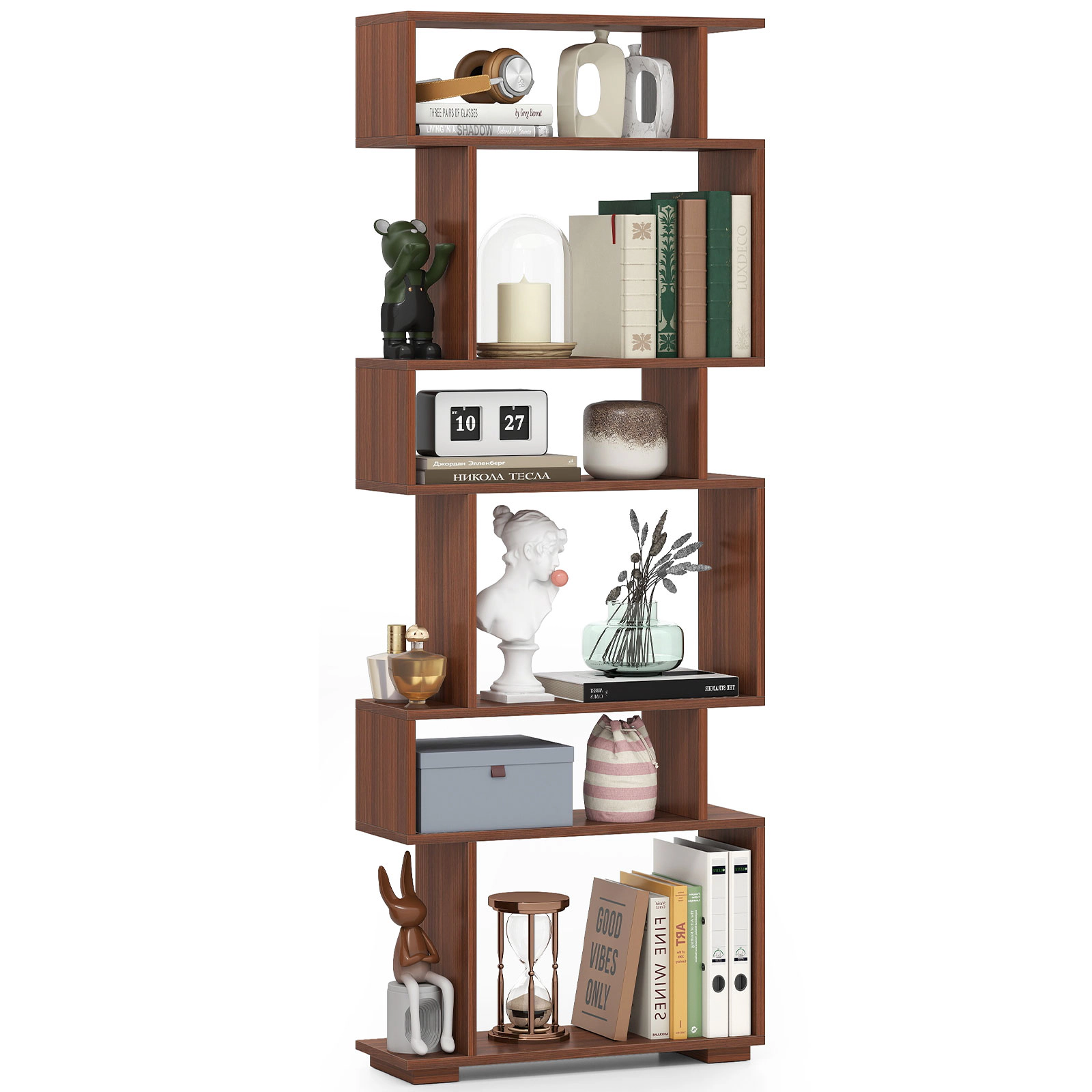 SUGIFT 6-Tier Walnut 64-in Tall Narrow Geometric Bookshelf 8-in Deep with 2 Anti-Tipping Kits for Small Spaces