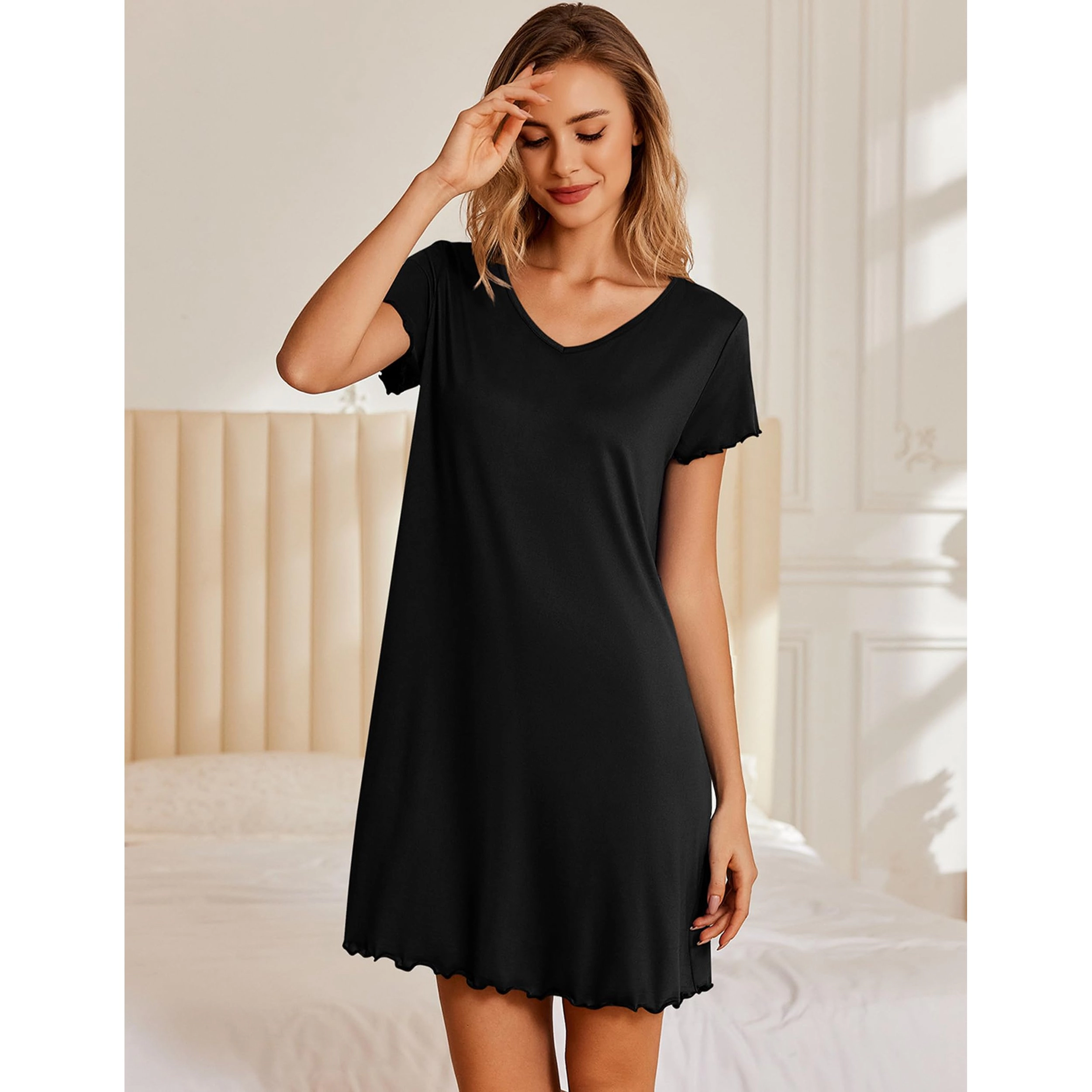 Ekouaer Nightgowns for Women Short Sleeve Sleepshirt V Neck Nightshirt Pullover Soft Ruffled