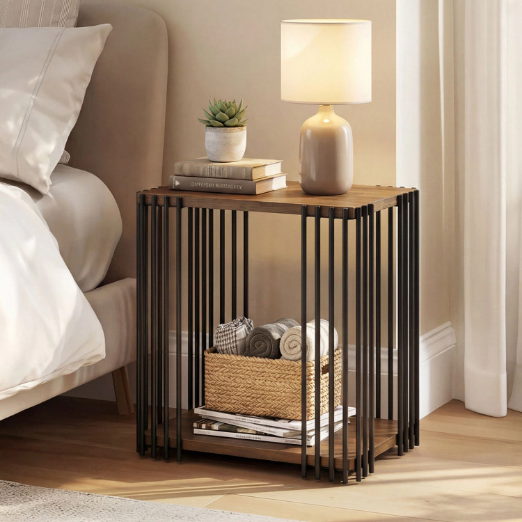 Hivvago Rubber Wood Side Table With 2-Layer Storage Shelves And Metal Frame