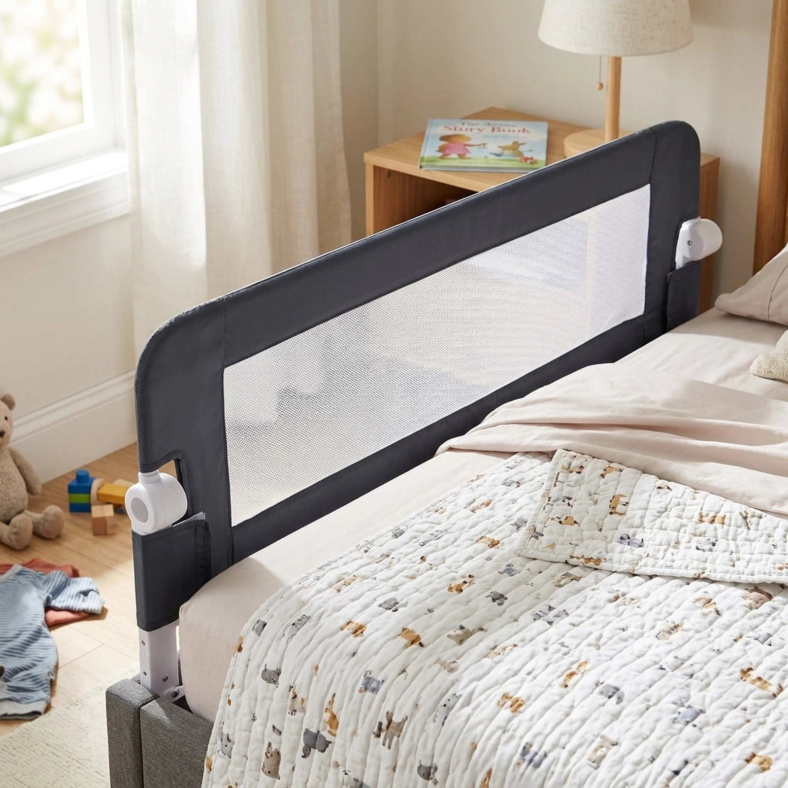 Baby Bed Rail Guard 17-in Tall Swing Down Toddler Bed Guard Foldable Safety Rail with Padded Cover No Drill Setup Gray