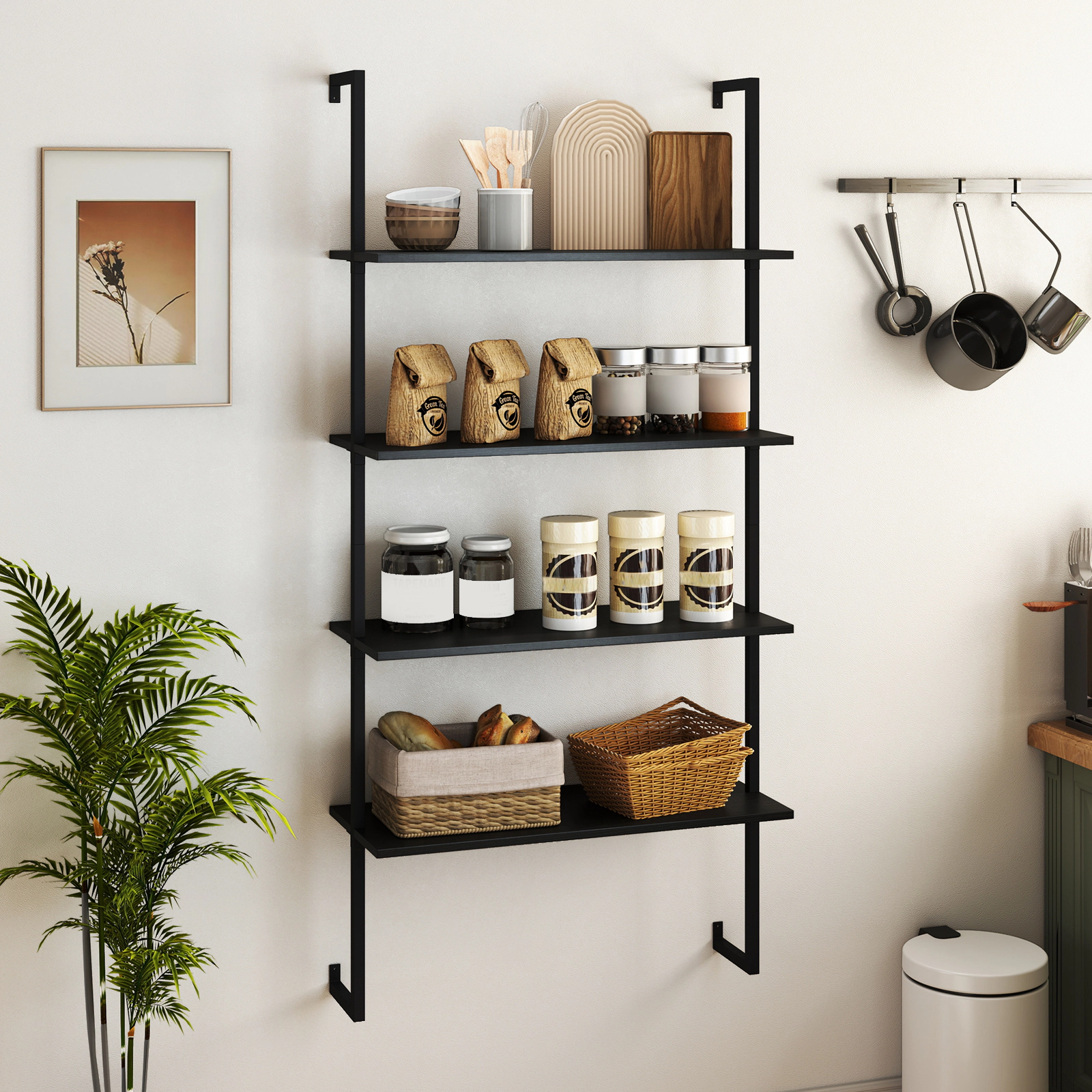 SUGIFT 4-Tier Wall Mounted Ladder Bookcase 44-lb Shelf Capacity Black Rustic Brown