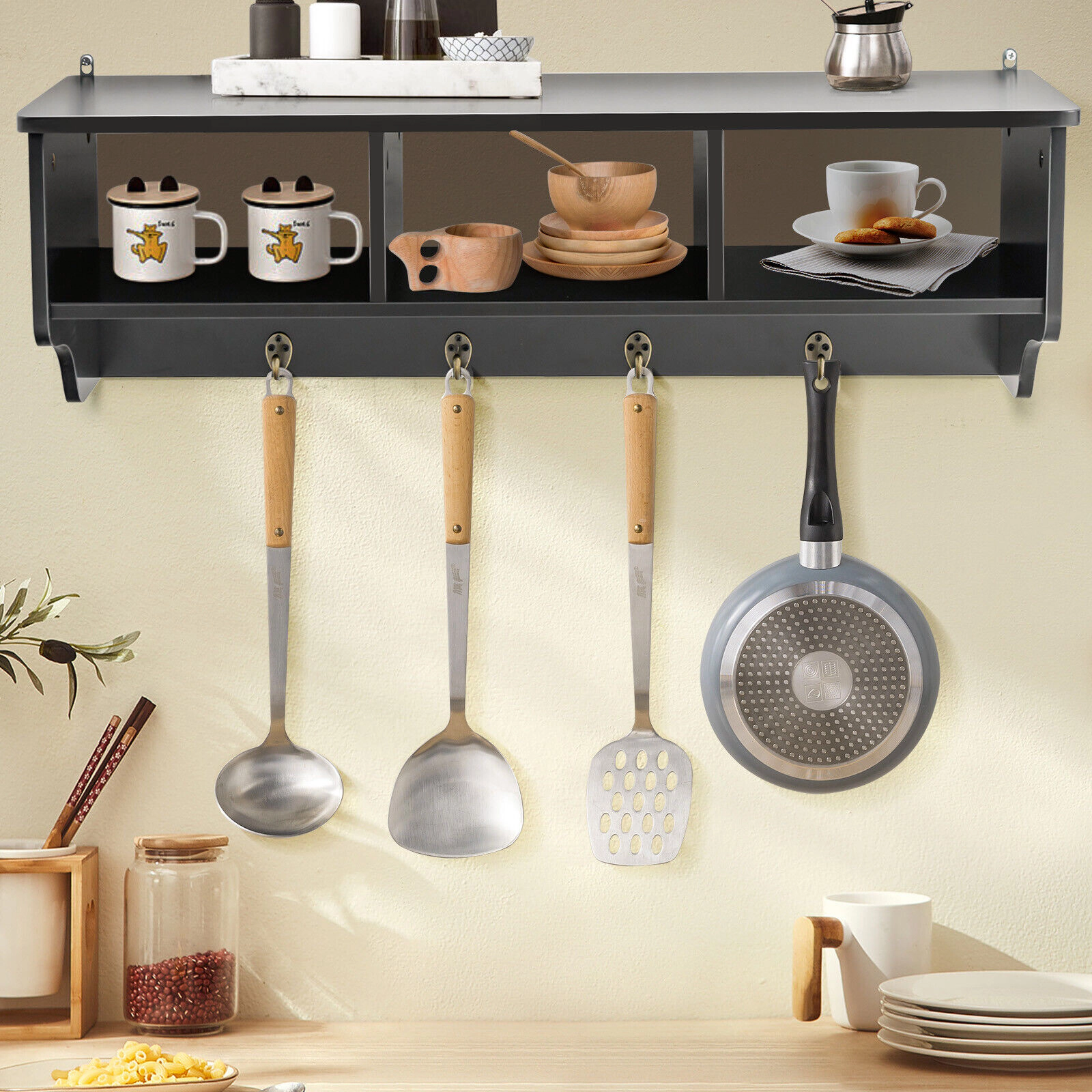 SUGIFT Black 31-in Wide Wall Mount Entryway Coat Rack Cubby Organizer with 4 Hooks and Display Shelf