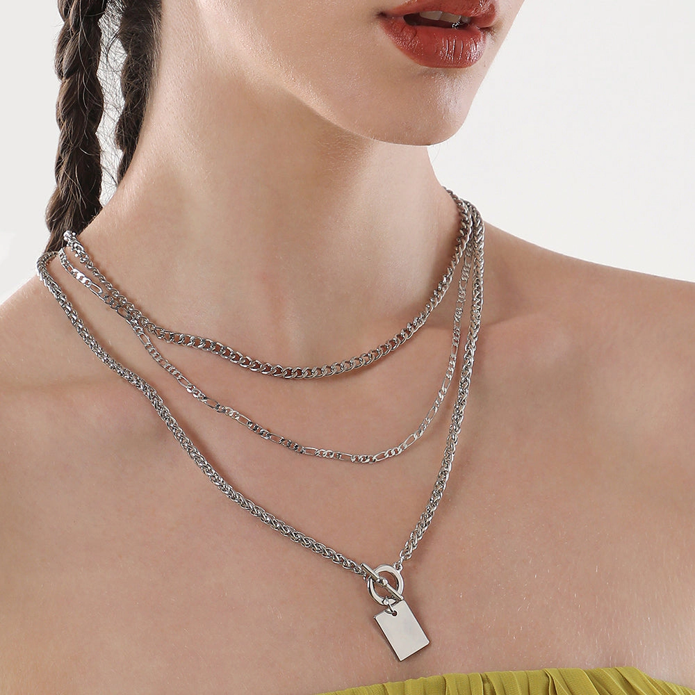 SOHI Women's Metallic Silver the Interlock Charm Multi-Layer Necklace