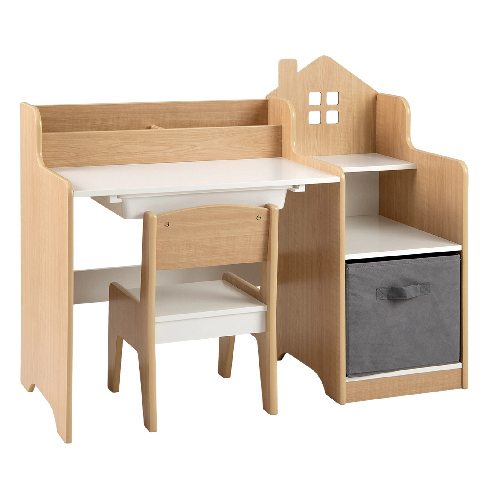 SUGIFT Kids Study Desk & Chair Set with Open Shelves Drawer & Fabric Storage Bin 44-lb Desktop Capacity Ages 3+ White