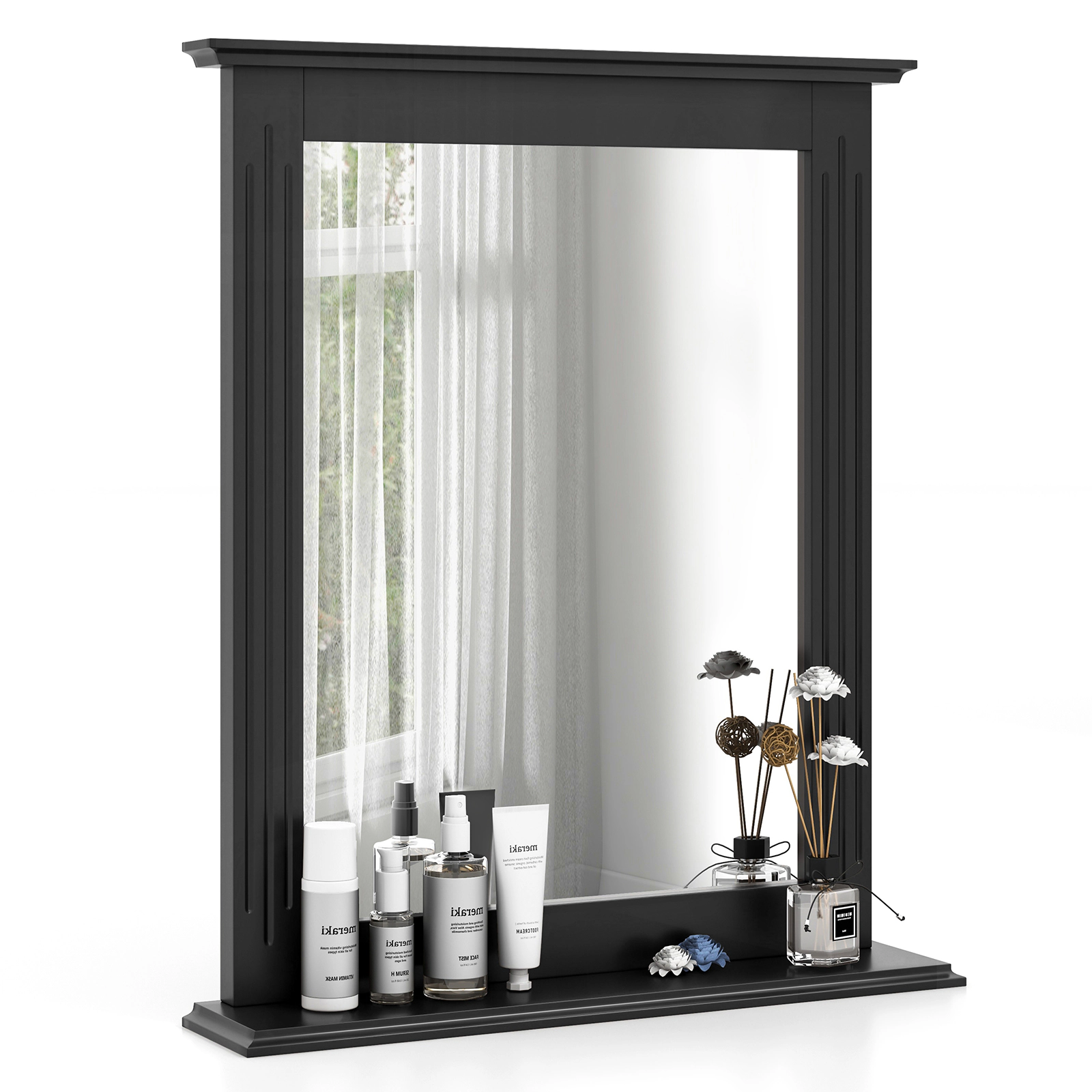 SUGIFT Wall-Mounted Vanity Mirror Black with Storage Shelf for Bathroom